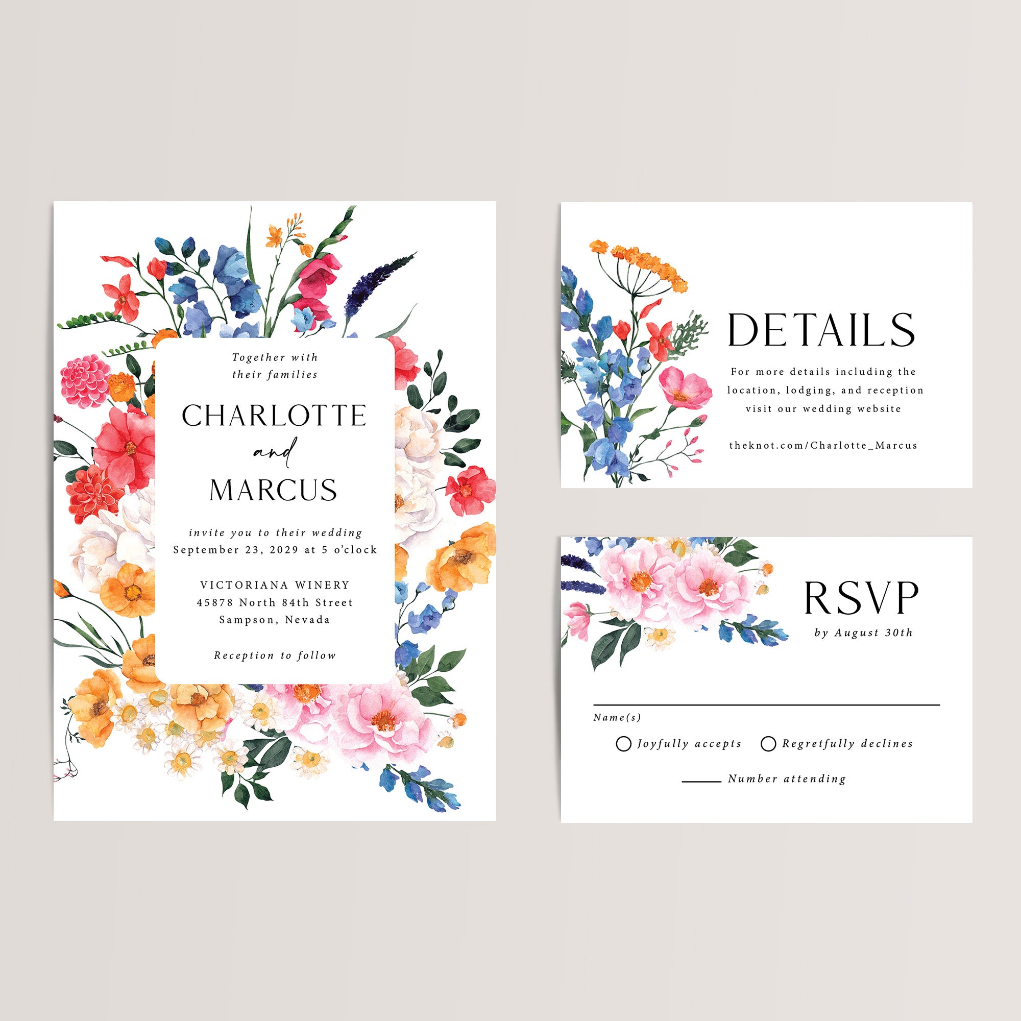 Bright Wildflower Wedding Invitation Suite
Celebrate the vibrant beauty of nature with our Bright Wildflower Wedding Invitation Suite. Perfect for spring and summer outdoor weddings, this affordable suite includes a wedding invitation, RSVP card, and details card, all adorned with gorgeous, colorful wildflower designs.