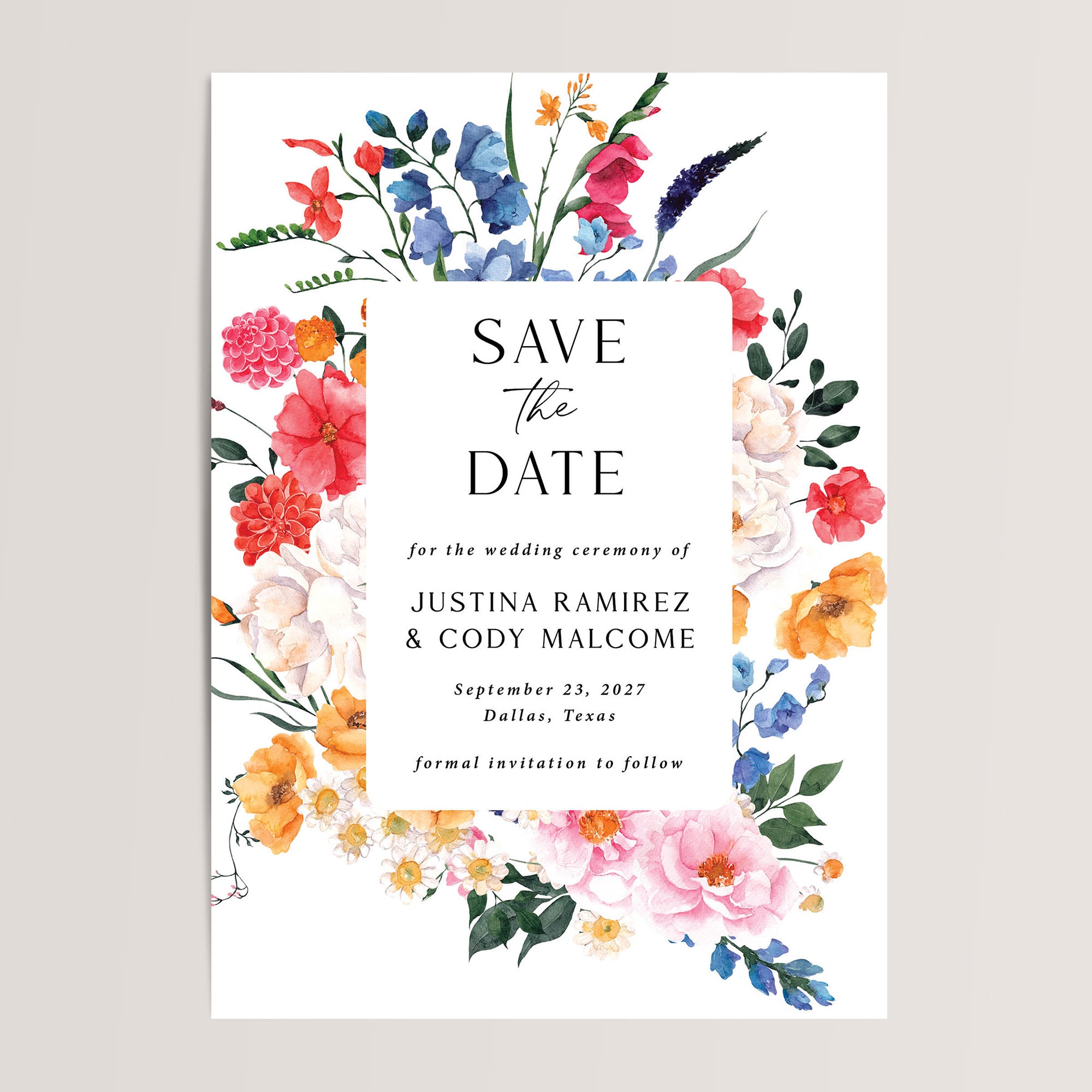 Bright Wildflower Wedding Save the Date Cards
Perfect for your garden wedding or rustic outdoor celebration. Featuring a charming, wildflower-inspired design, these cards are a beautiful way to announce your upcoming special day surrounded by nature's beauty.
