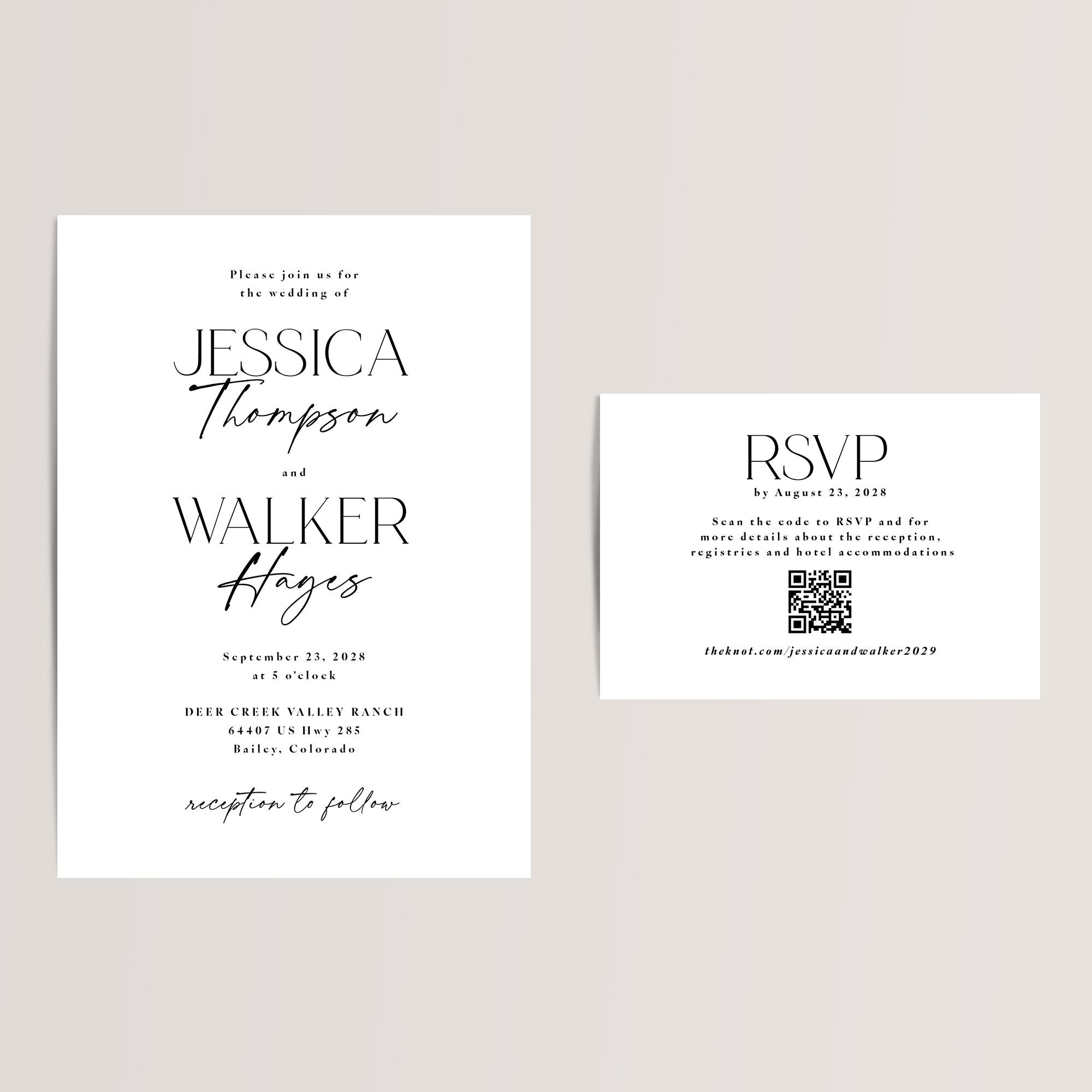 Modern yet budget-friendly, this black-and-white wedding invitation suite blends classy script and serif fonts to create a chic, minimalist look. Printed on thick, smooth cardstock, each suite includes a QR code on the RSVP card, providing guests with easy access to your wedding website. Perfect for couples seeking an elegant and modern touch for their big day.