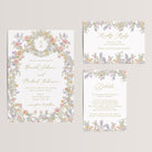 Set the tone for your regency era wedding with this pastel floral wedding invitation suite with gold ink, featuring a beautifully coordinated invitation, RSVP card, and wedding details card. Soft watercolor florals in shades of pink, peach, yellow, blue and purple create a romantic and elegant look that feels timeless yet fresh.
