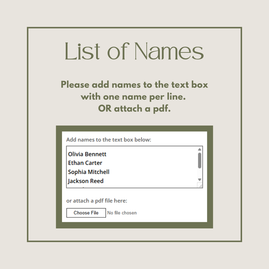 List of Names. Please add names to the text box with one full name per line. Or attach a pdf.