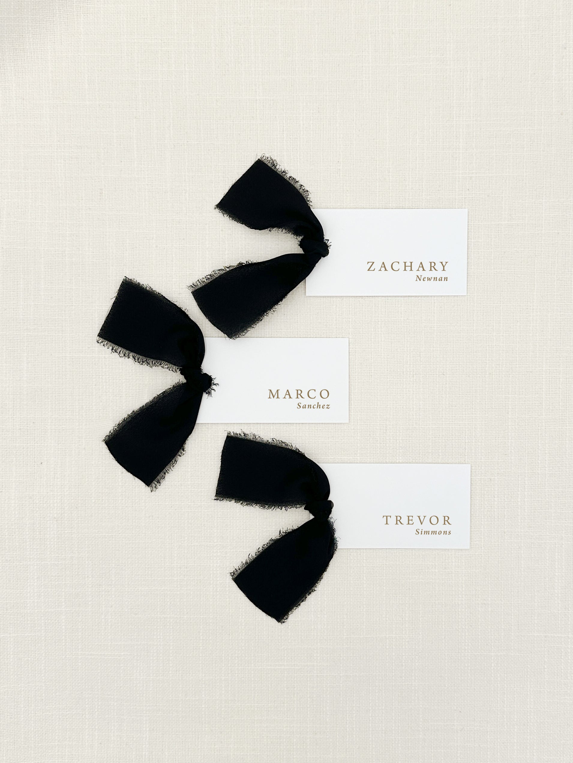 Personalized Wedding Place Cards with Chiffon Ribbon that are printed for you with champagne ink on thick, smooth, white card stock and include the ribbon! Perfect for any occasion: