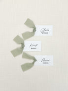 Personalized Name Cards with Sage Green Chiffon Ribbon that are printed for you with black ink on thick, smooth, white card stock and include the ribbon! You can choose the color of ribbon. Perfect for any occasion: Weddings and Rehearsal Dinners, Baby Shower, Bridal Shower, Wedding Shower, Business Party, Corporate Event or Events with Assigned Seating