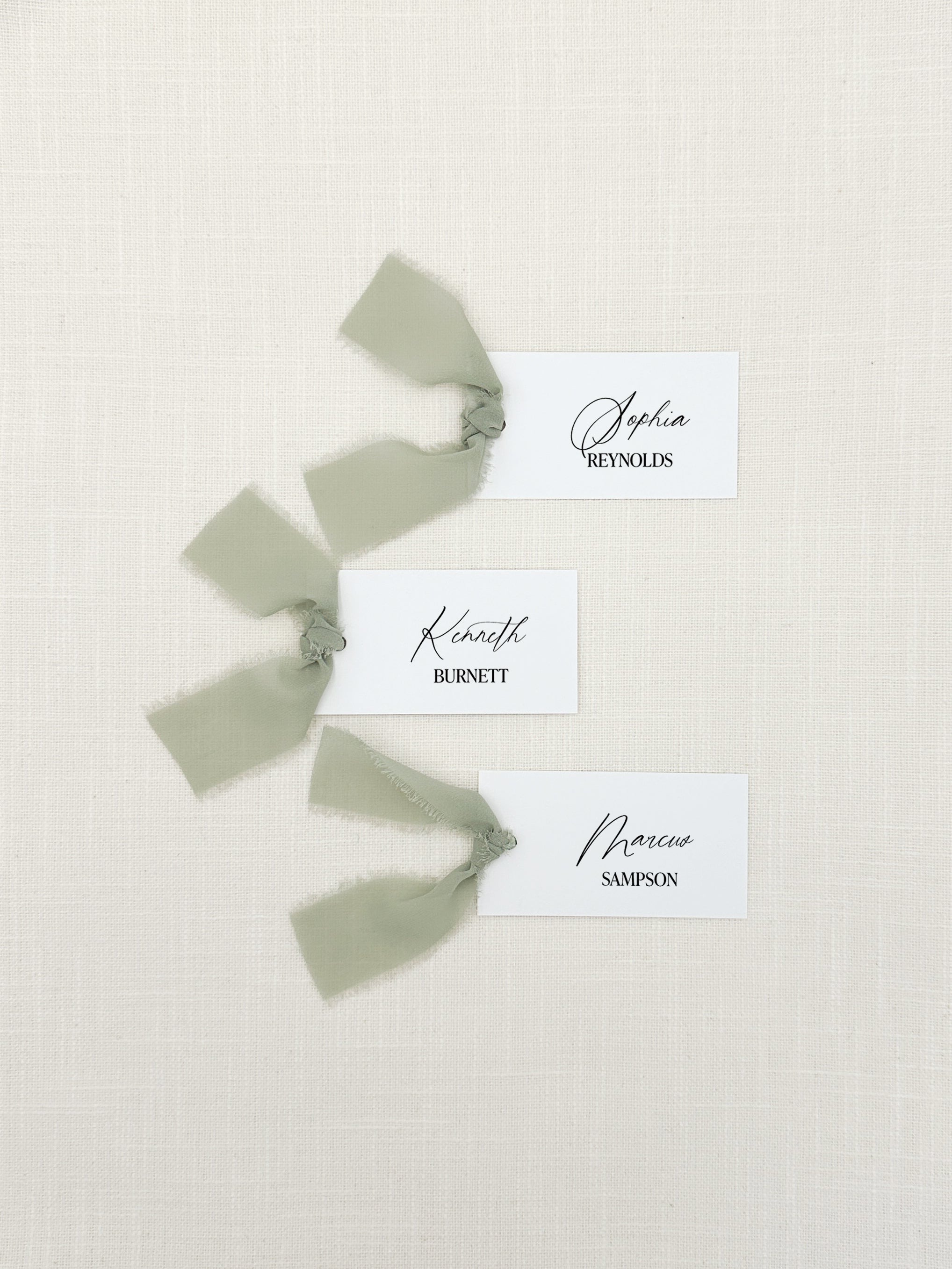 Personalized Name Cards with Sage Green Chiffon Ribbon that are printed for you with black ink on thick, smooth, white card stock and include the ribbon! You can choose the color of ribbon. Perfect for any occasion: Weddings and Rehearsal Dinners, Baby Shower, Bridal Shower, Wedding Shower, Business Party, Corporate Event or Events with Assigned Seating