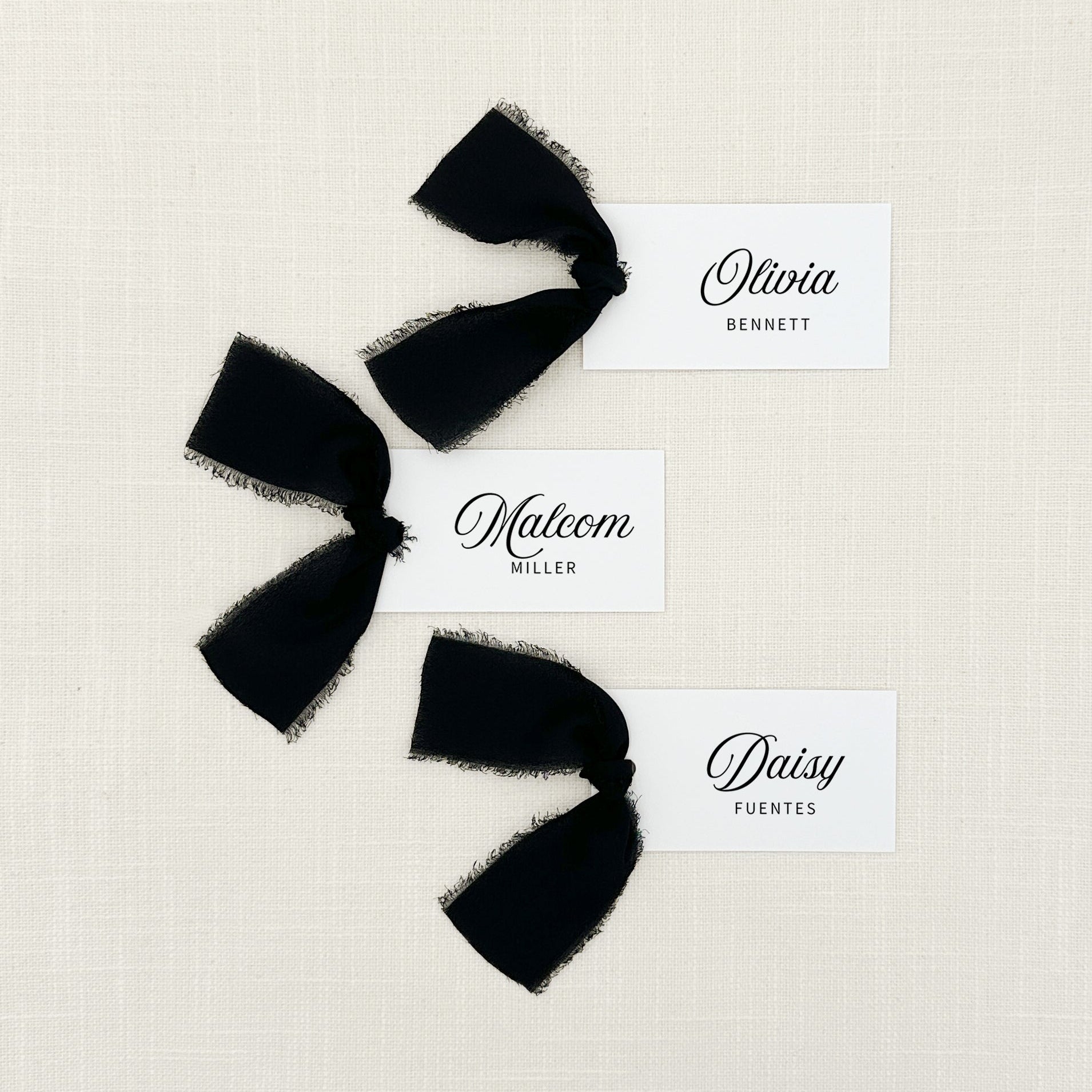 Personalized Place Cards with Black Chiffon Ribbon in black ink that are printed for you on thick, smooth, white card stock! Perfect for any occasion: Weddings and Rehearsal Dinners, Baby Shower, Bridal Shower, Wedding Shower, Business Party, Corporate Event or Events with assigned seating