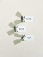 Personalized Greenery Name Cards with Sage Green Chiffon Ribbon that are printed for you with black ink on thick, smooth, white card stock and include the ribbon! You can choose the color of ribbon. Perfect for any occasion: Weddings and Rehearsal Dinners, Baby Shower, Bridal Shower, Wedding Shower, Business Party, Corporate Event or Events with Assigned Seating