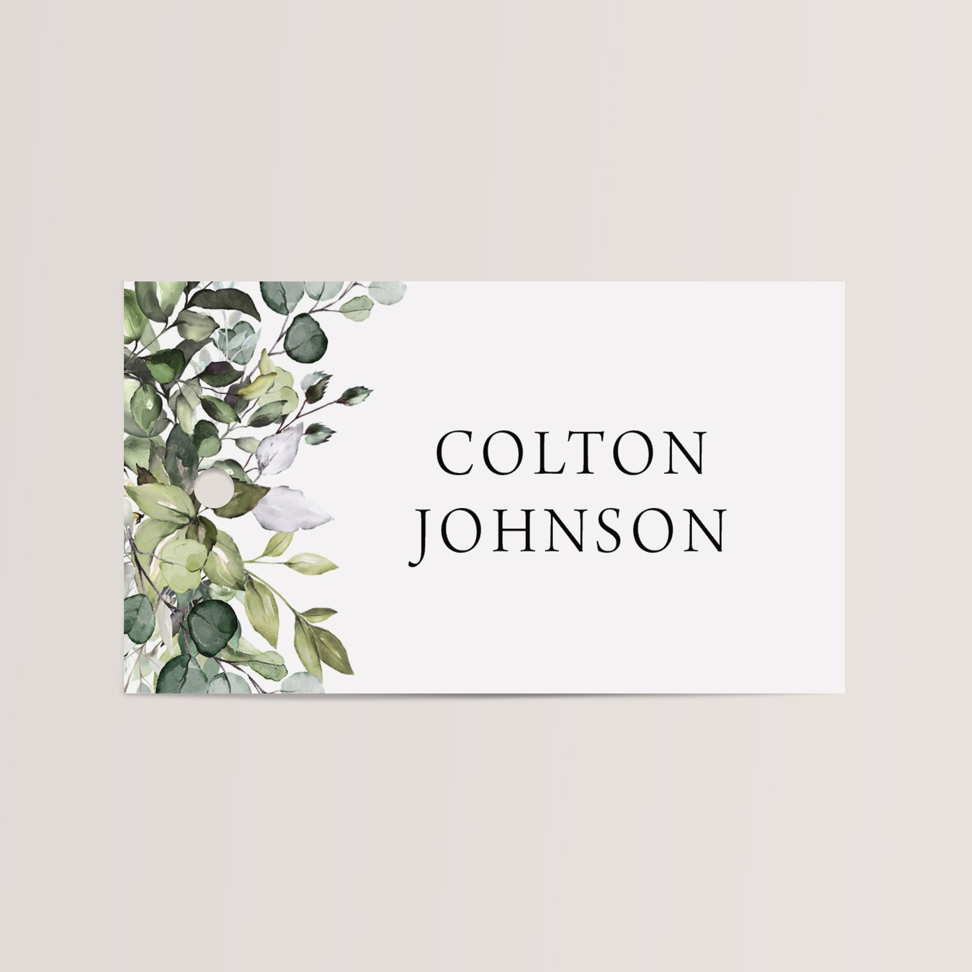 Personalized Greenery Name Cards with Sage Green Chiffon Ribbon that are printed for you with black ink on thick, smooth, white card stock and include the ribbon! You can choose the color of ribbon. Perfect for any occasion: Weddings and Rehearsal Dinners, Baby Shower, Bridal Shower, Wedding Shower, Business Party, Corporate Event or Events with Assigned Seating