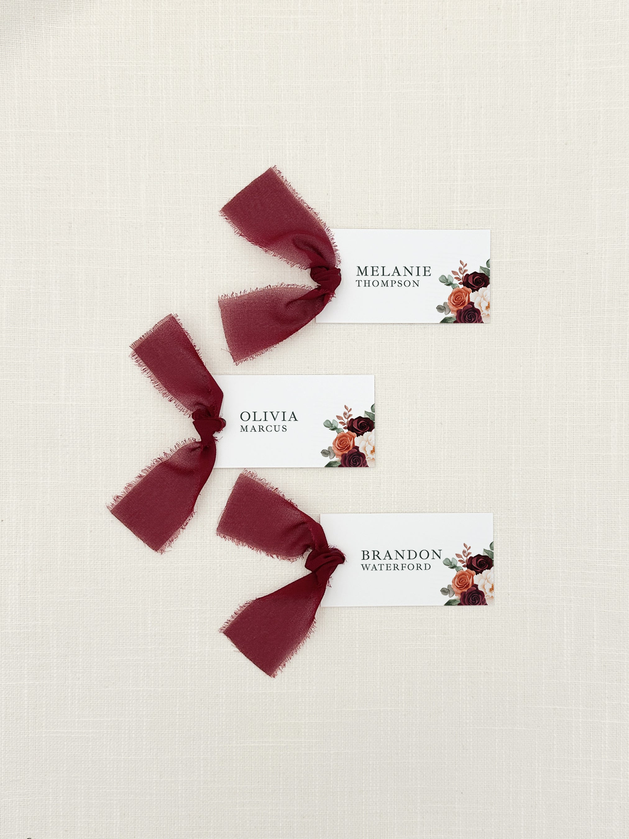 Personalized Name Cards with Burgundy Chiffon Ribbon that are printed for you with black ink on thick, smooth, white card stock and include the ribbon! You can choose the color of ribbon. Perfect for any occasion: Weddings and Rehearsal Dinners, Baby Shower, Bridal Shower, Wedding Shower, Business Party, Corporate Event or Events with Assigned Seating