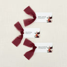 Personalized Name Cards with Burgundy Chiffon Ribbon that are printed for you with black ink on thick, smooth, white card stock and include the ribbon! You can choose the color of ribbon. Perfect for any occasion: Weddings and Rehearsal Dinners, Baby Shower, Bridal Shower, Wedding Shower, Business Party, Corporate Event or Events with Assigned Seating