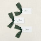 Personalized Place Cards with Dark Green Chiffon Ribbon in dark green ink that are printed for you on thick, smooth, white card stock! Perfect for any occasion: Weddings and Rehearsal Dinners, Baby Shower, Bridal Shower, Wedding Shower, Business Party, Corporate Event or Events with Assigned Seating