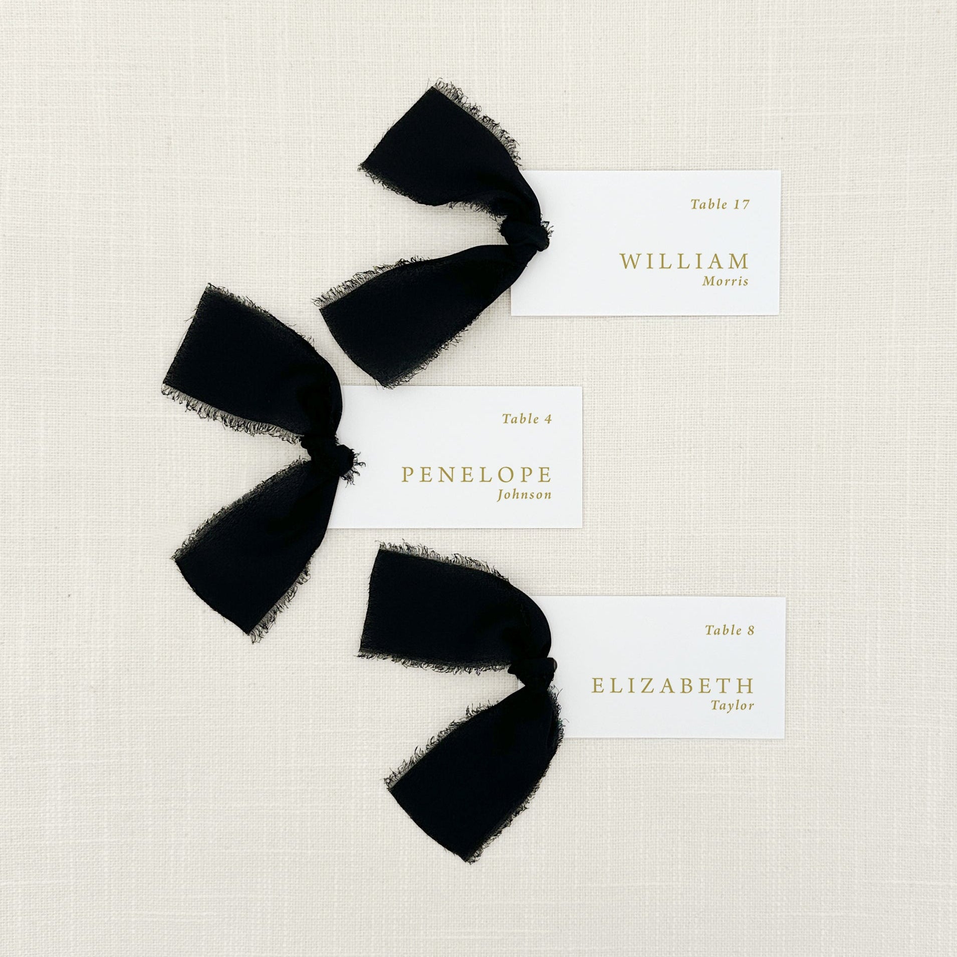 Personalized Place Cards with Table Numbers and Chiffon Ribbon that are printed for you in gold ink on thick, smooth, white card stock! Perfect for any occasion: Weddings and Rehearsal Dinners, Baby Shower, Bridal Shower, Wedding Shower, Business Party, Corporate Event and Events with assigned seating.