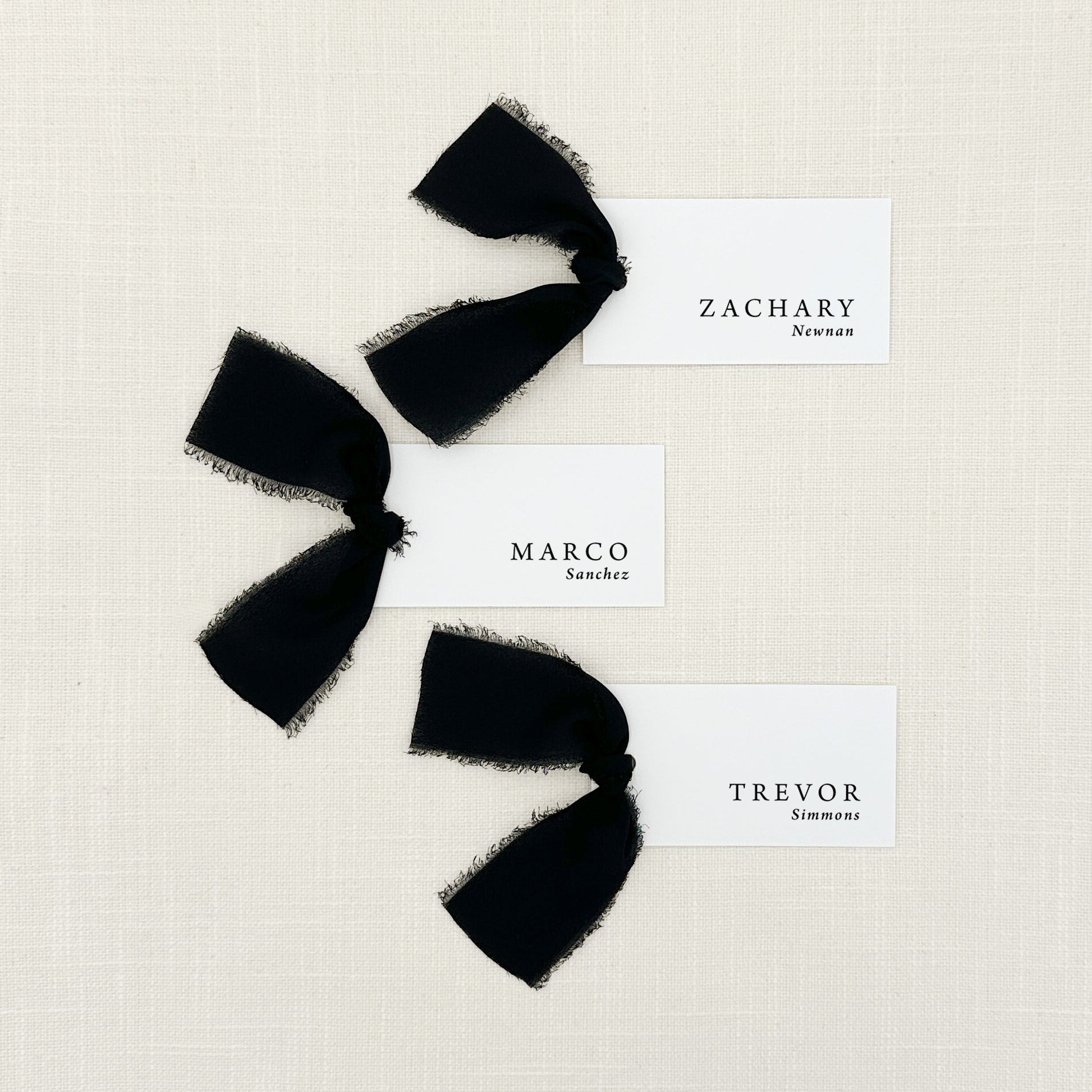 Personalized Wedding Place Cards with Chiffon Ribbon that are printed for you with black ink on thick, smooth, white card stock and include the ribbon! Perfect for any occasion: Weddings and Rehearsal Dinners, Baby Shower, Bridal Shower, Wedding Shower, Business Party, Corporate Event and Events with assigned seating.