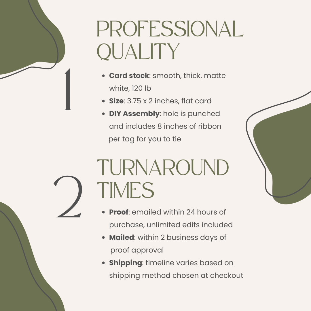Product information card with details on card stock, size, DIY assembly, turnaround times, and shipping information.
