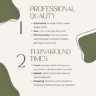 Product information card with details on card stock, size, DIY assembly, turnaround times, and shipping information.