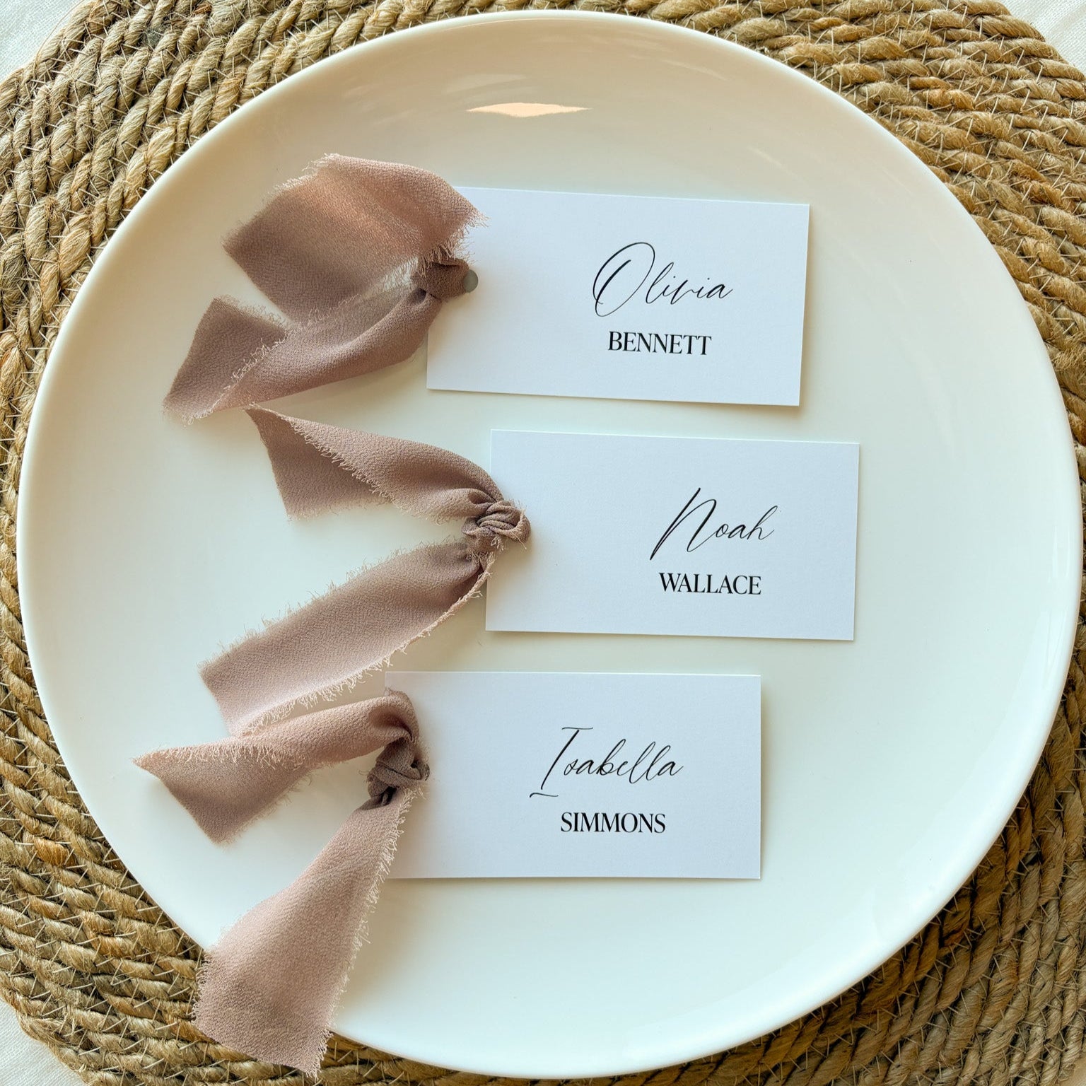 Personalized name tags with chiffon ribbon. Perfect for weddings, rehearsal dinners, showers and parties.
