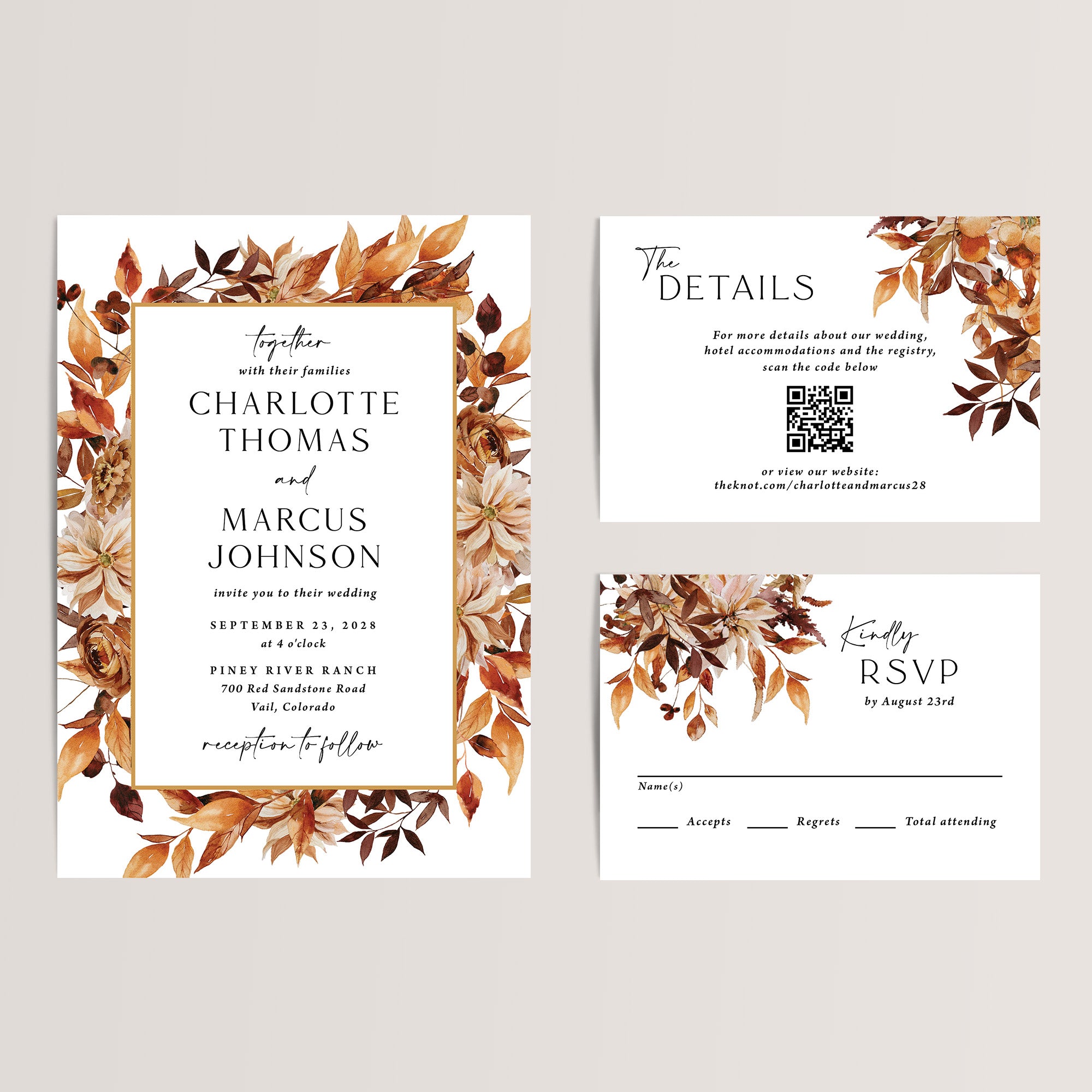 Fall Wedding Invitation Suite with Autumn Leaves

Capture the beauty and warmth of fall with our Autumn Leaves Wedding Invitation Suite. Perfect for a cozy autumn celebration, this affordable suite includes a wedding invitation, RSVP card, and details card, all adorned with vibrant autumn leaves in rich, seasonal colors.