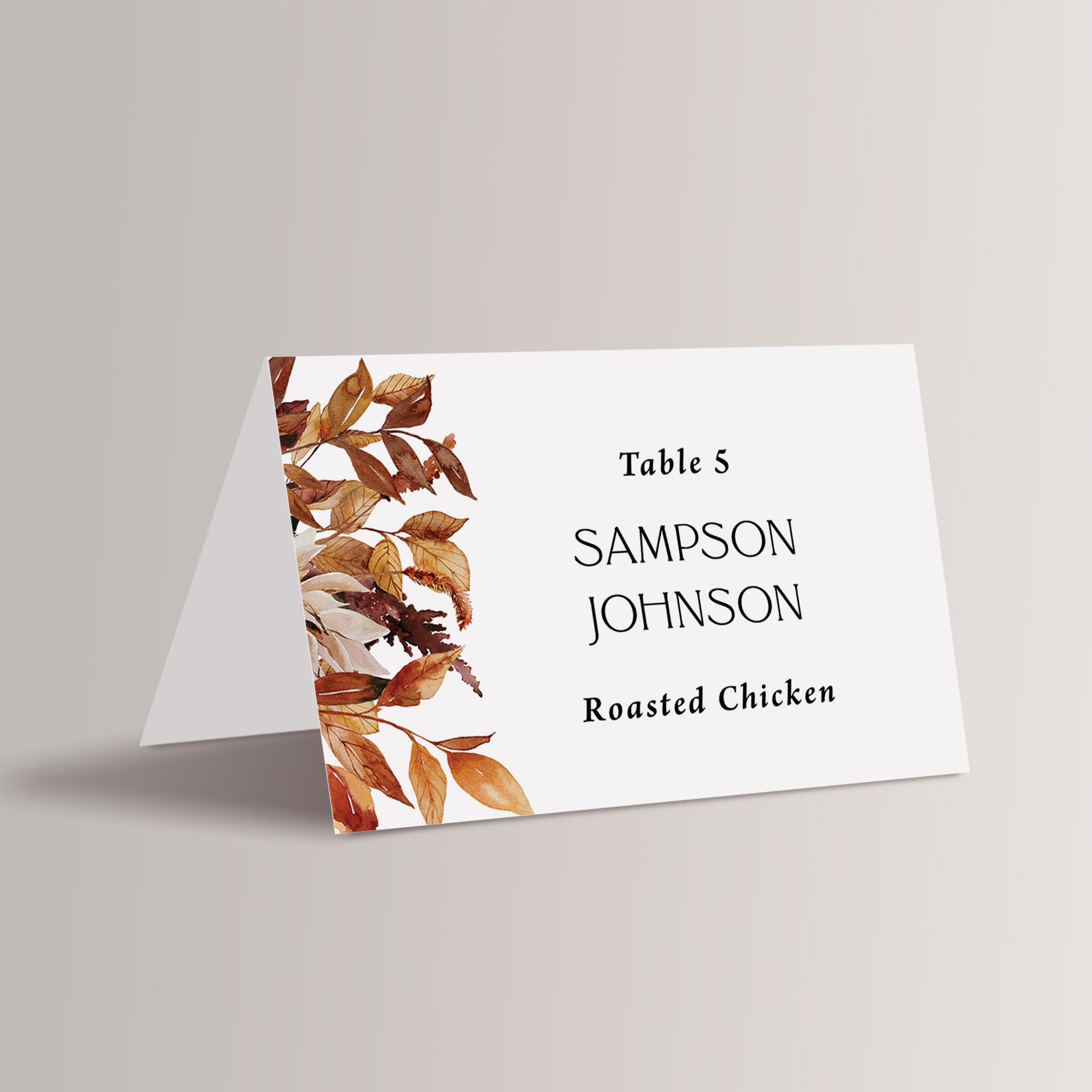 Personalized Terracotta Fall Place Cards with meal choice and Boho Florals and leaves that are printed for you. 