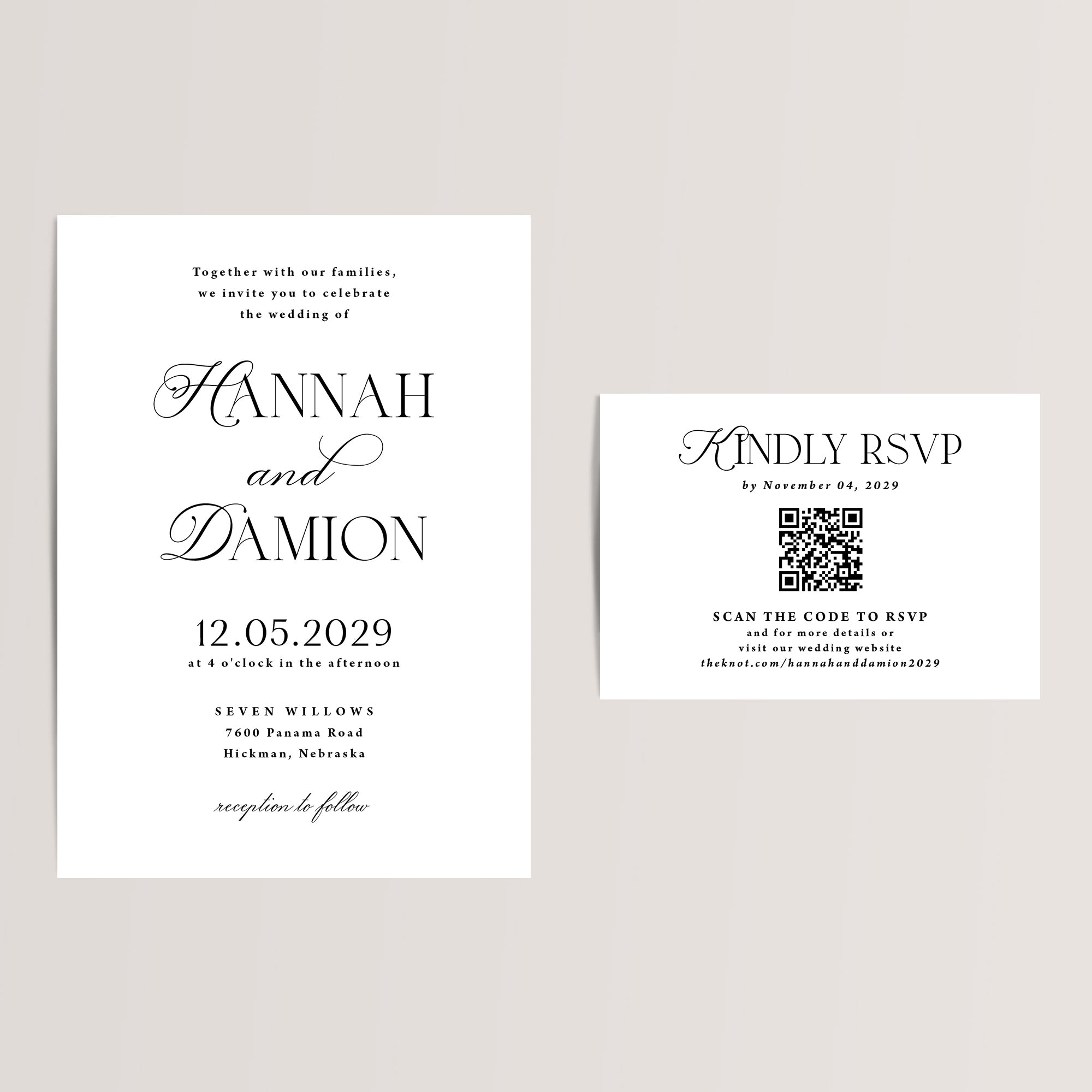 Modern wedding invitation suite in black and white. It has an invitation and a combined RSVP and wedding details card. White envelopes are included. 