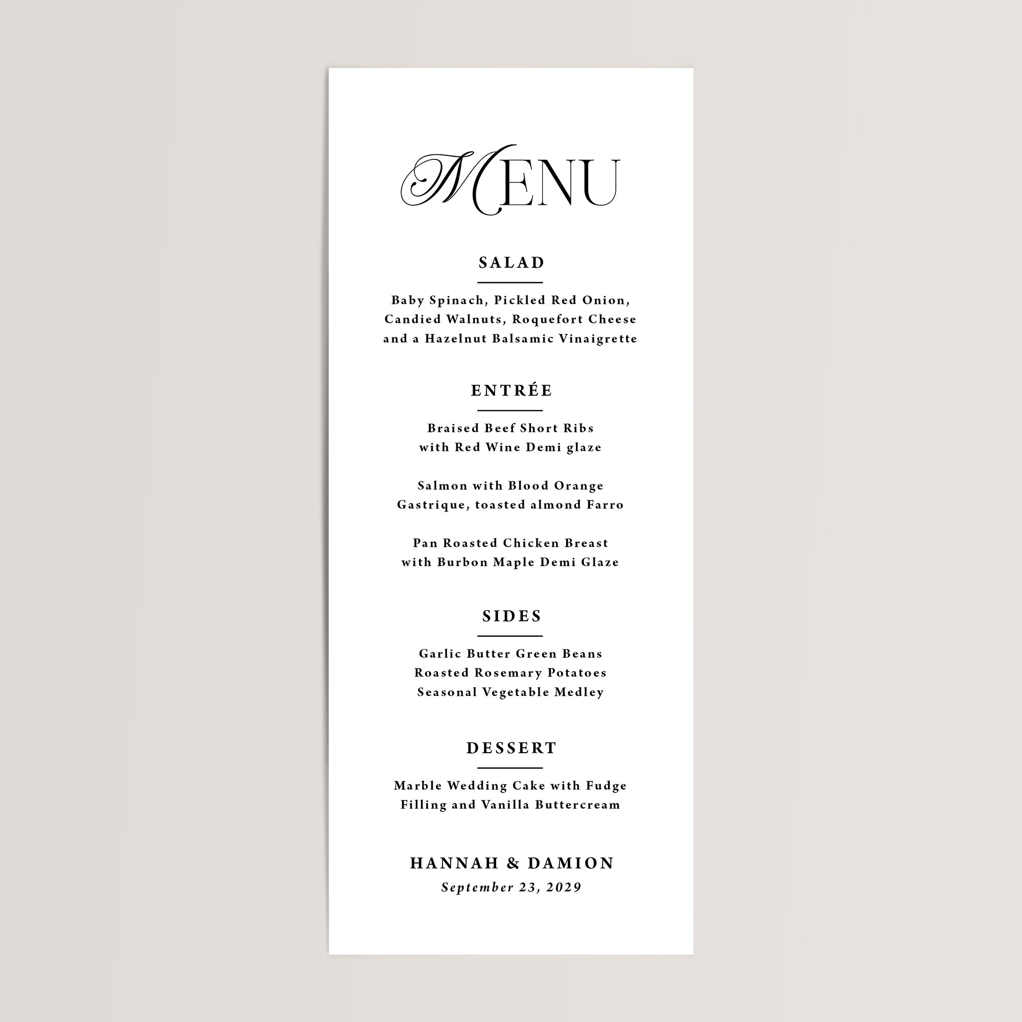 Printed modern wedding menu cards in black and white. 
