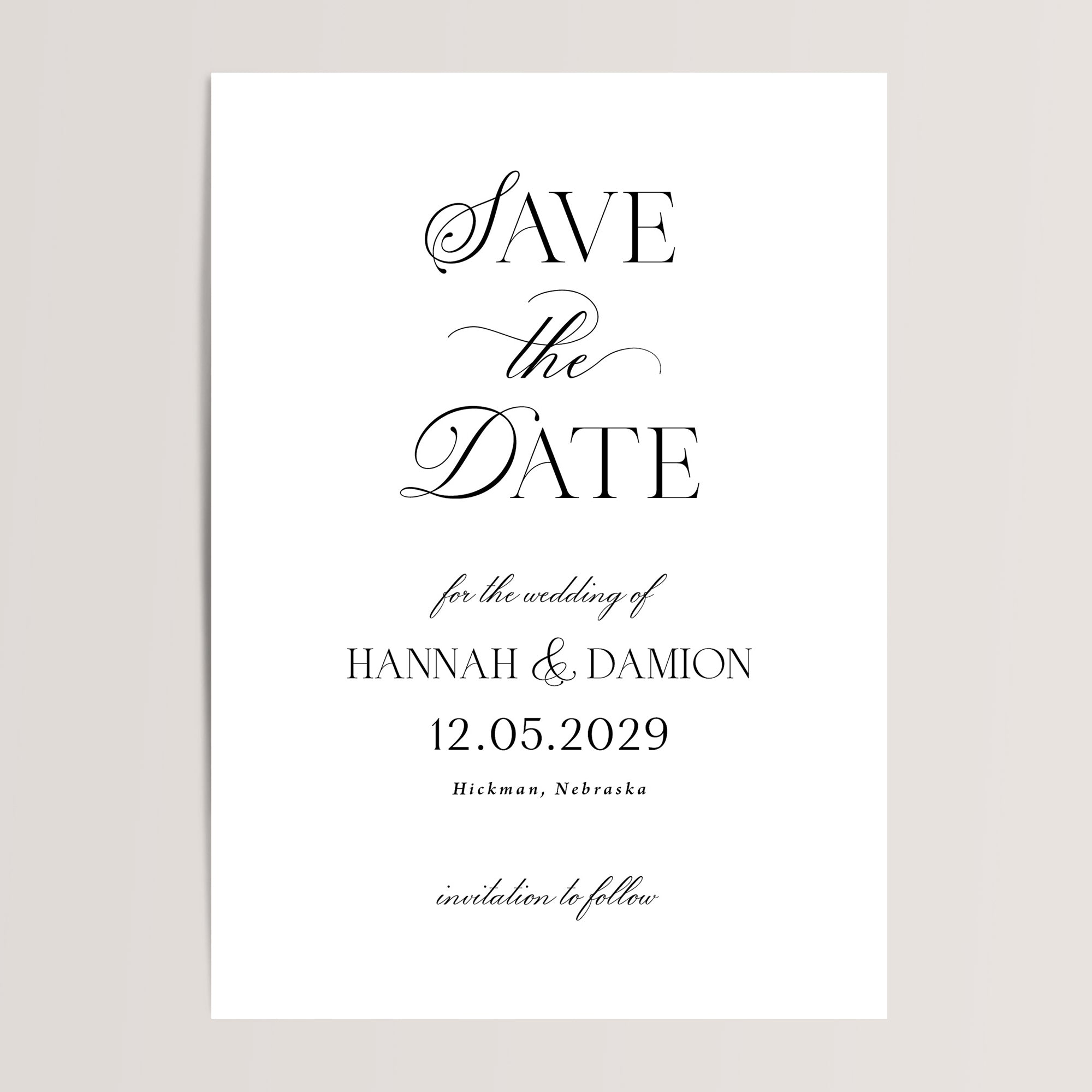 Simple wedding save the date card without photos. It includes white envelopes. 
