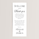 Modern wedding table welcome and thank-you cards, printed on thick cardstock in elegant black and white. Personalize the message and names, or keep the wording as shown — perfectly designed to add an elegant touch to your wedding reception tables.