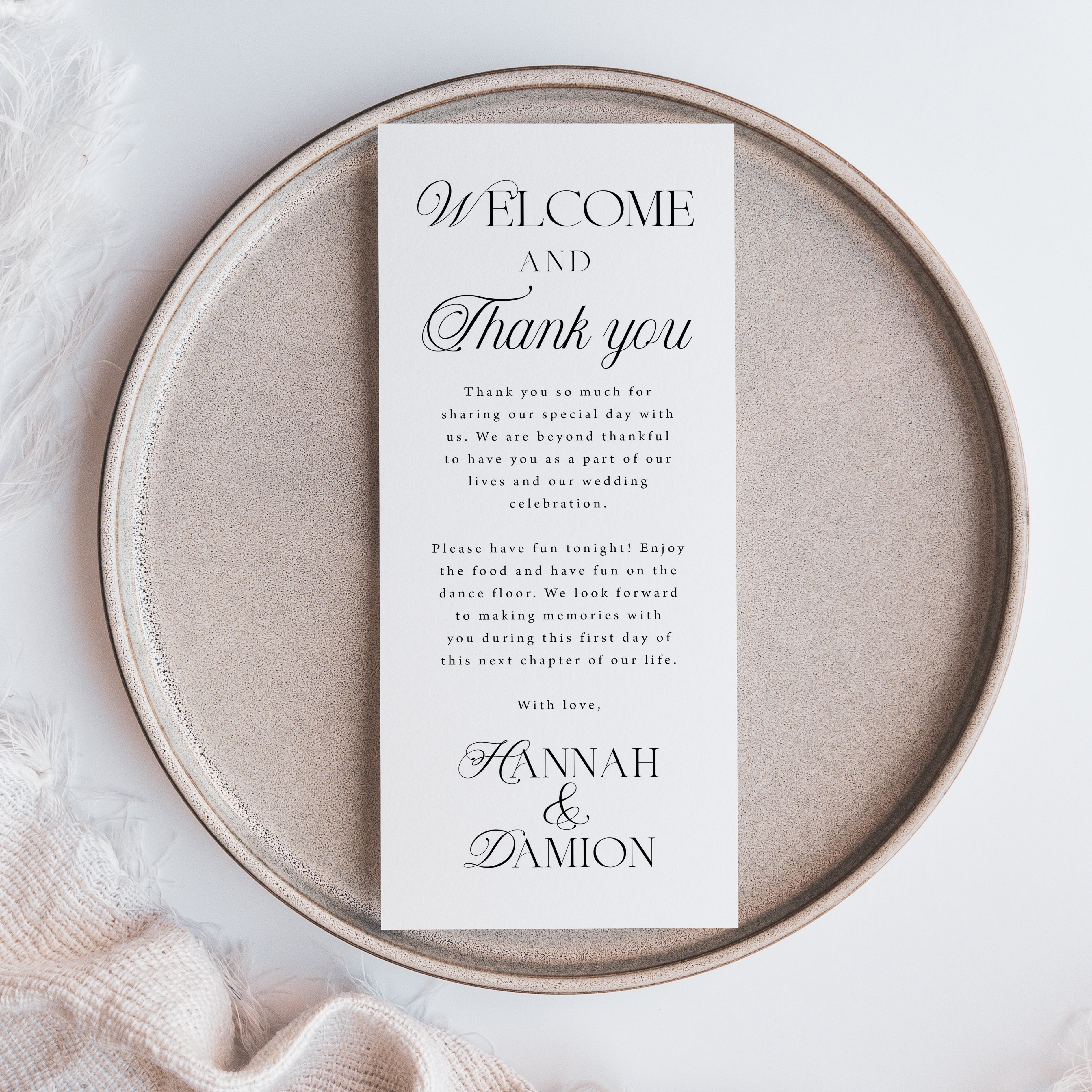 Modern wedding table welcome and thank-you cards, printed on thick cardstock in elegant black and white. Personalize the message and names, or keep the wording as shown — perfectly designed to add an elegant touch to your wedding reception tables.