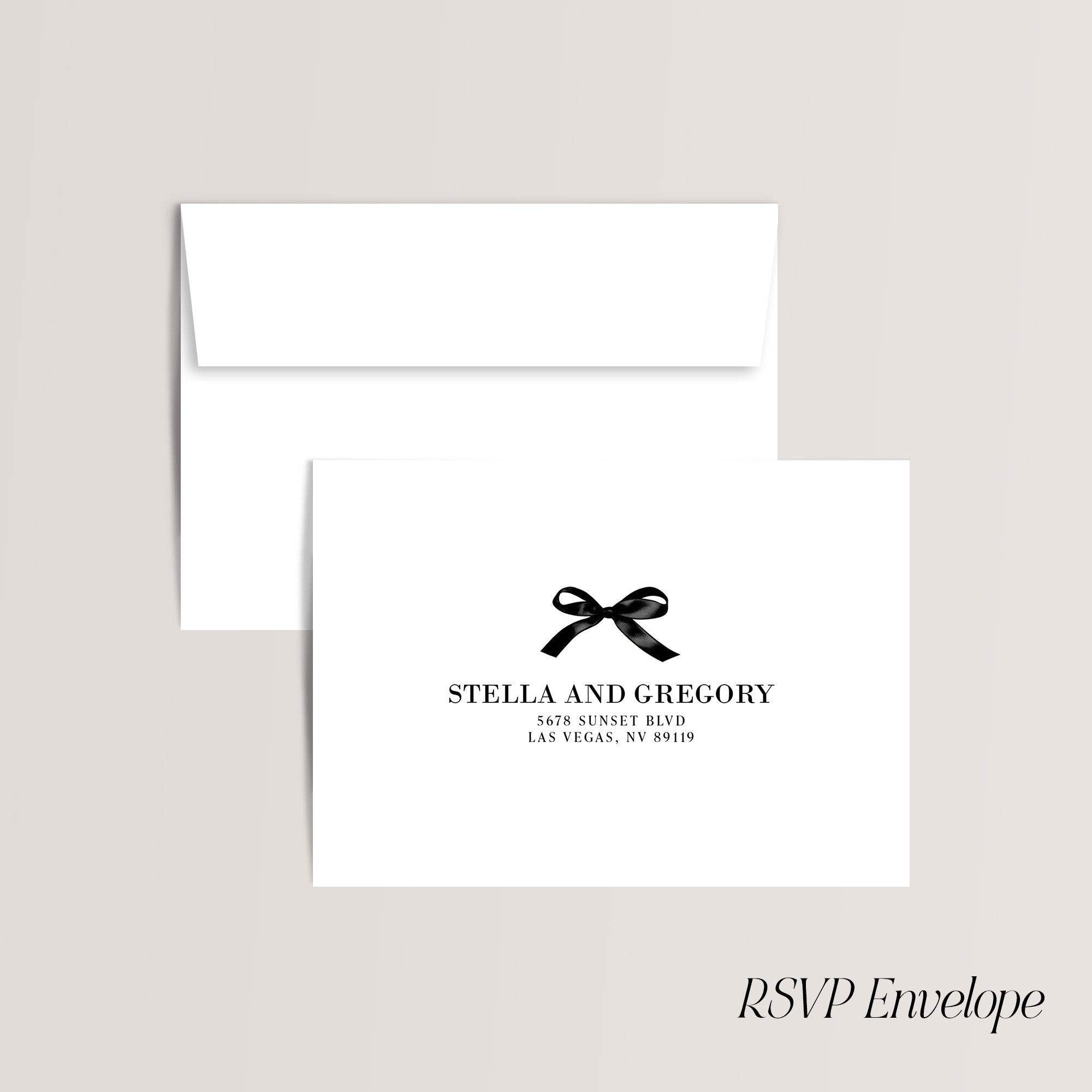 Black bow RSVP envelope printing by Olive Invites. 