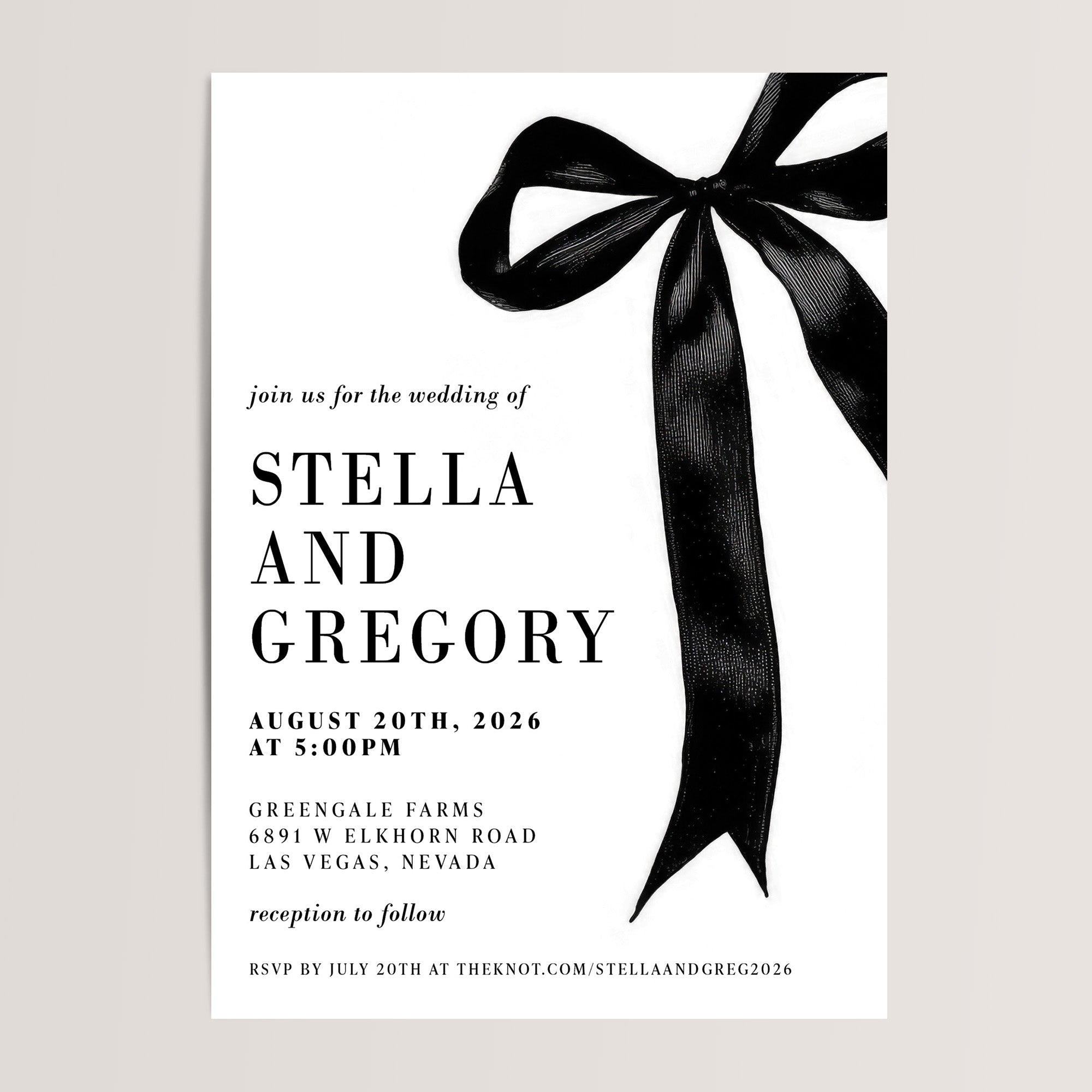 These elegant wedding invitations showcase a timeless black bow or ribbon detail, adding a romantic and vintage-inspired touch. Perfect for a sophisticated and coquette-style wedding, they balance classic charm with modern elegance. Guests can conveniently RSVP via your wedding website, ensuring a seamless and stress-free experience for your big day.