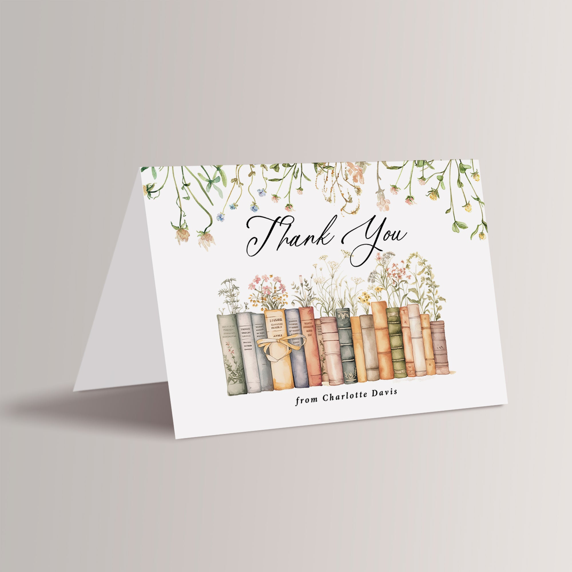 Personalized book themed bridal thank you cards with gorgeous wildflower florals – a perfect way to express your gratitude for your bridal shower gifts.