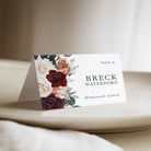 Bring a touch of natural beauty to your wedding with our personalized burgundy floral place cards with meal choice. Not only do they guide your guests to their seats, but they also add a romantic, floral touch to your wedding reception décor.