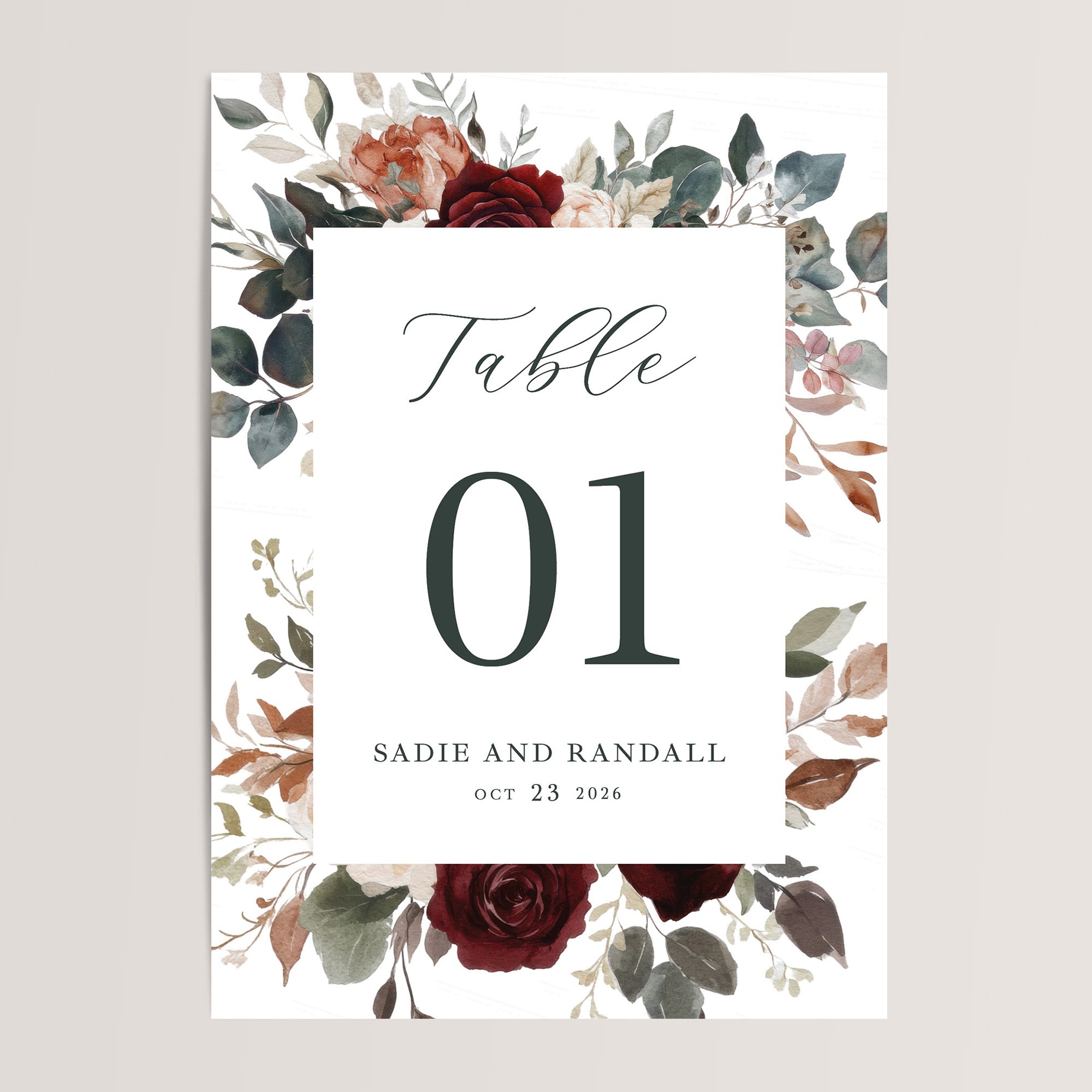 Gorgeous wedding table numbers with burgundy florals that are printed for you on thick card stock! The design is perfect for the fall or winter wedding and your guests will love them. These work well for an elegant wedding.