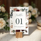 Gorgeous wedding table numbers with burgundy florals that are printed for you on thick card stock! The design is perfect for the fall or winter wedding and your guests will love them. These work well for an elegant wedding.
