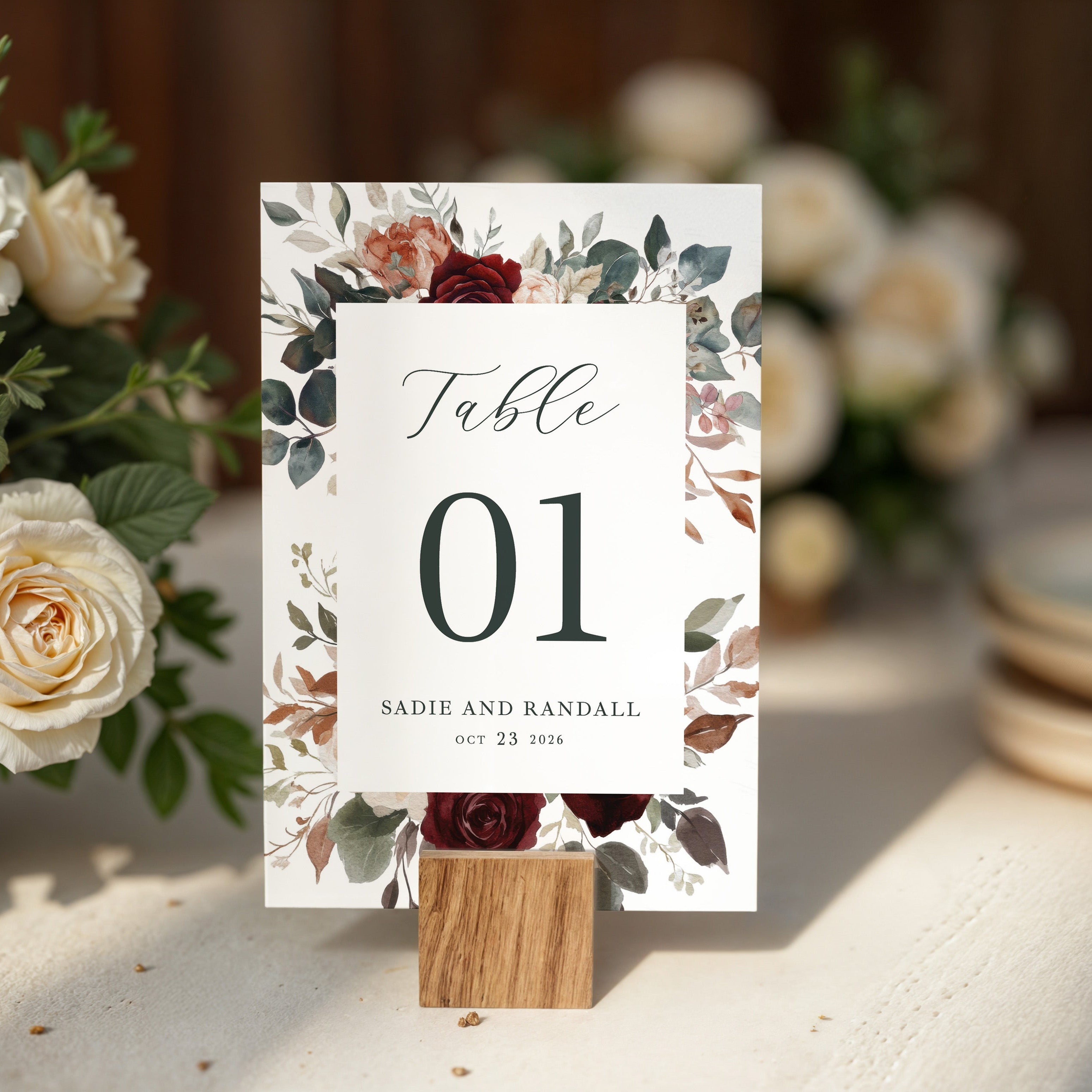 Gorgeous wedding table numbers with burgundy florals that are printed for you on thick card stock! The design is perfect for the fall or winter wedding and your guests will love them. These work well for an elegant wedding.