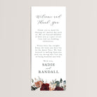 Fall wedding table welcome and thank-you cards, printed on thick cardstock with gorgeous watercolor burgundy florals. Personalize the message and names, or keep the wording as shown — perfectly designed to add an elegant touch to your wedding reception tables.