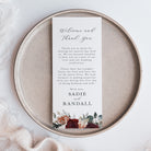 Fall wedding table welcome and thank-you cards, printed on thick cardstock with gorgeous watercolor burgundy florals. Personalize the message and names, or keep the wording as shown — perfectly designed to add an elegant touch to your wedding reception tables.
