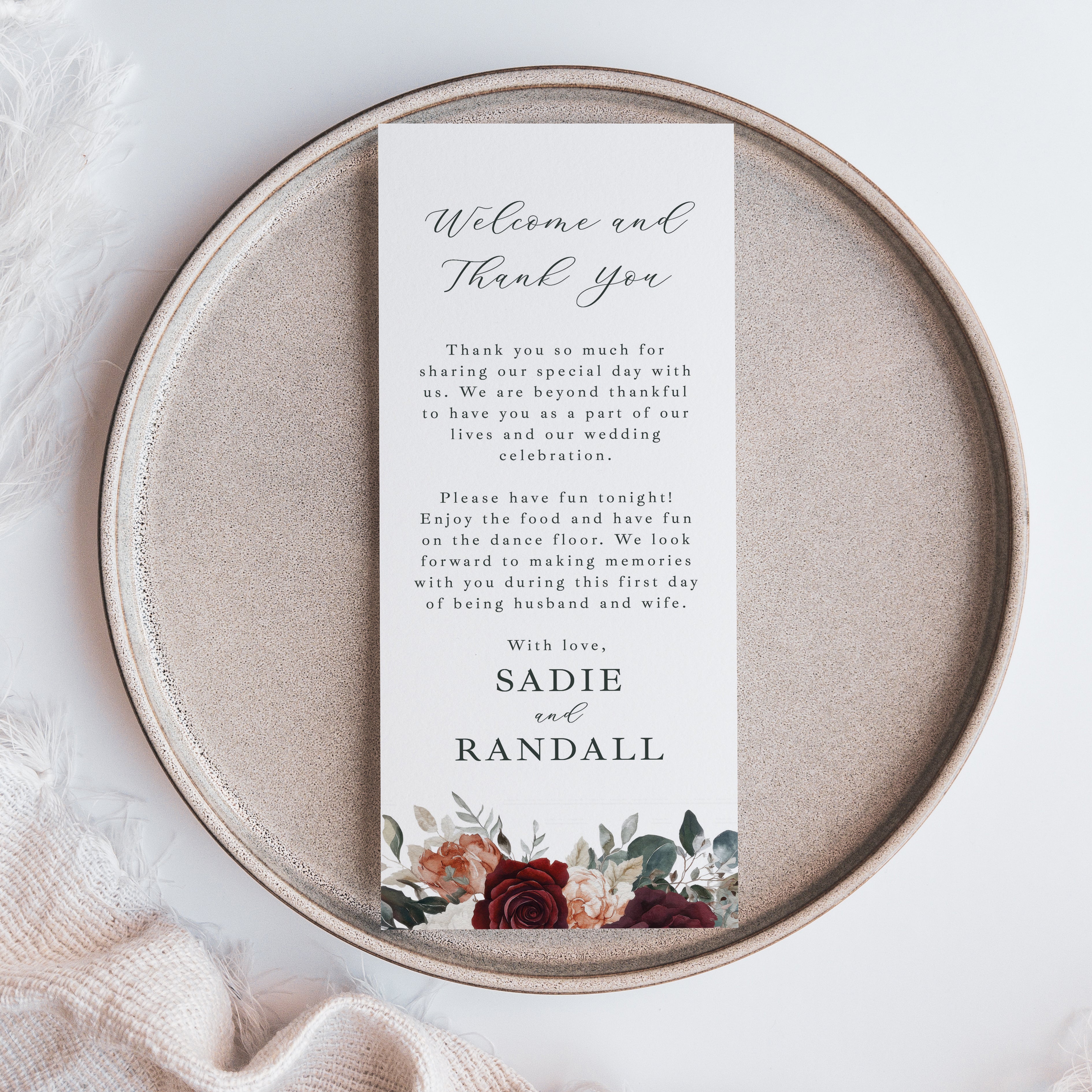 Fall wedding table welcome and thank-you cards, printed on thick cardstock with gorgeous watercolor burgundy florals. Personalize the message and names, or keep the wording as shown — perfectly designed to add an elegant touch to your wedding reception tables.