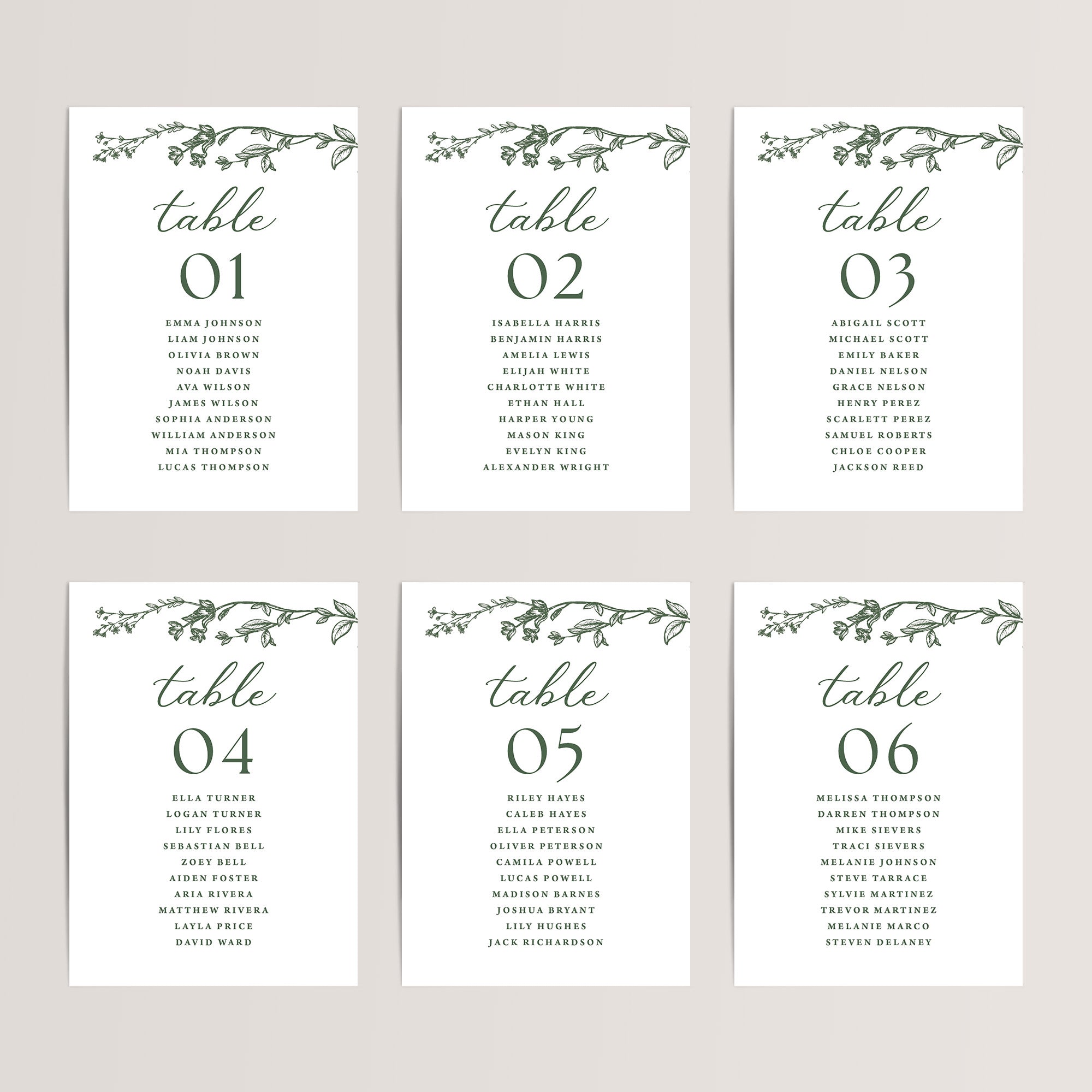 Simple wedding seating chart cards with dark green florals that are printed for you on nice, thick card stock These table seating arrangement signs are perfect wedding reception decor.