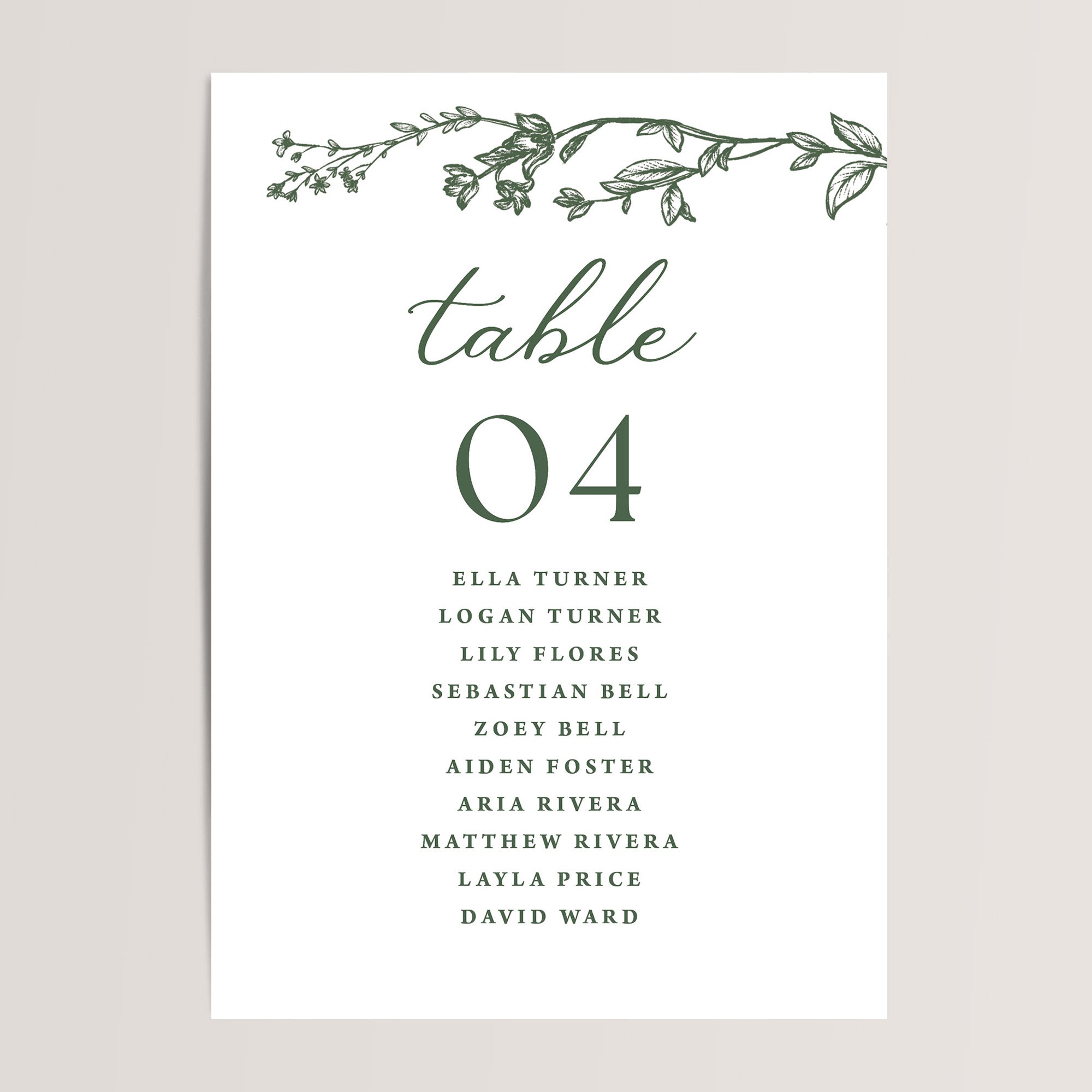 Simple wedding seating chart cards with dark green florals that are printed for you on nice, thick card stock These table seating arrangement signs are perfect wedding reception decor.
