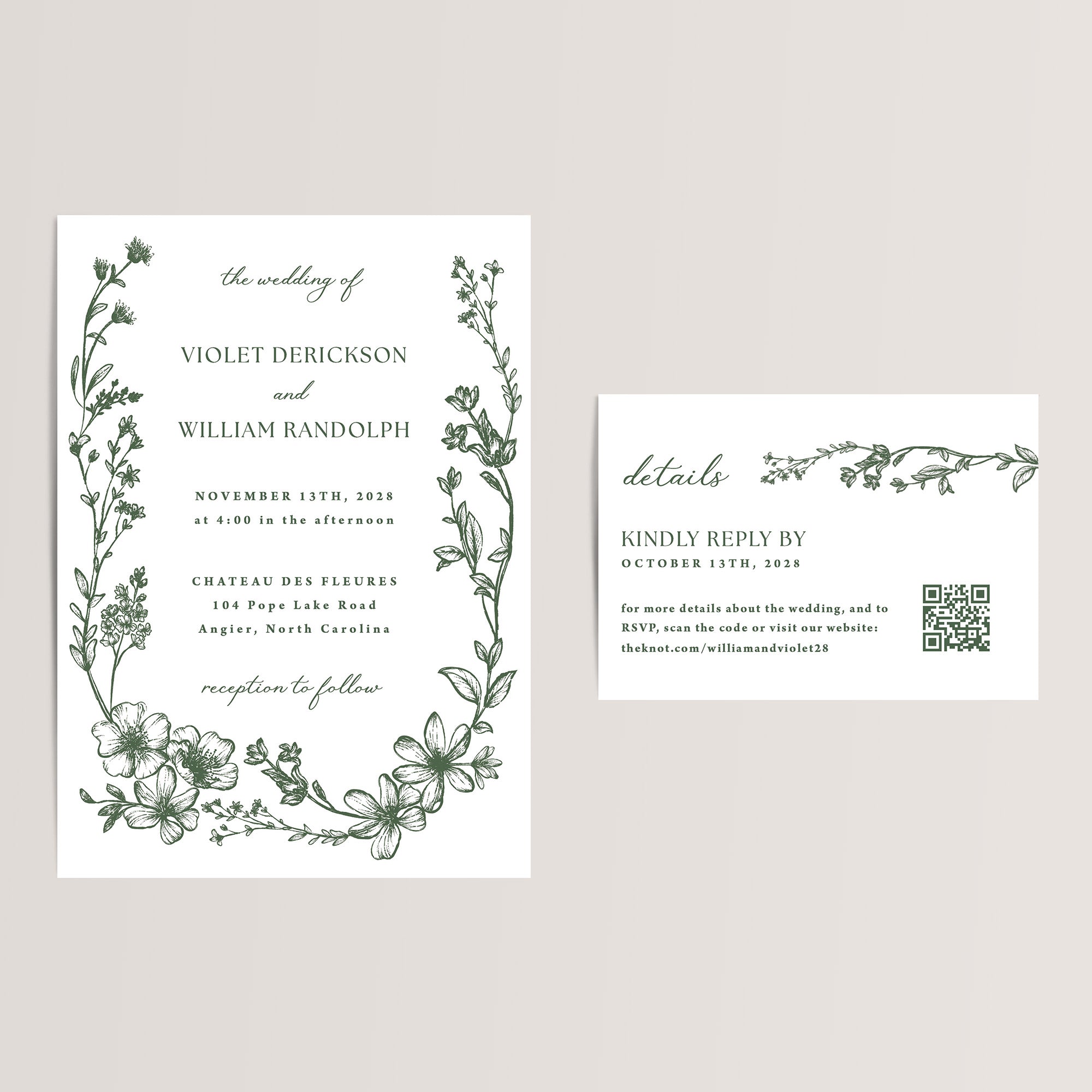 Elegant and budget-friendly, our dark green floral wedding invitation suite is the perfect choice for your autumn or winter celebration. Printed on smooth, thick cardstock, each RSVP/details card includes a scannable QR code for easy access to your wedding website, ensuring your guests have all the important details at their fingertips and can RSVP there too.