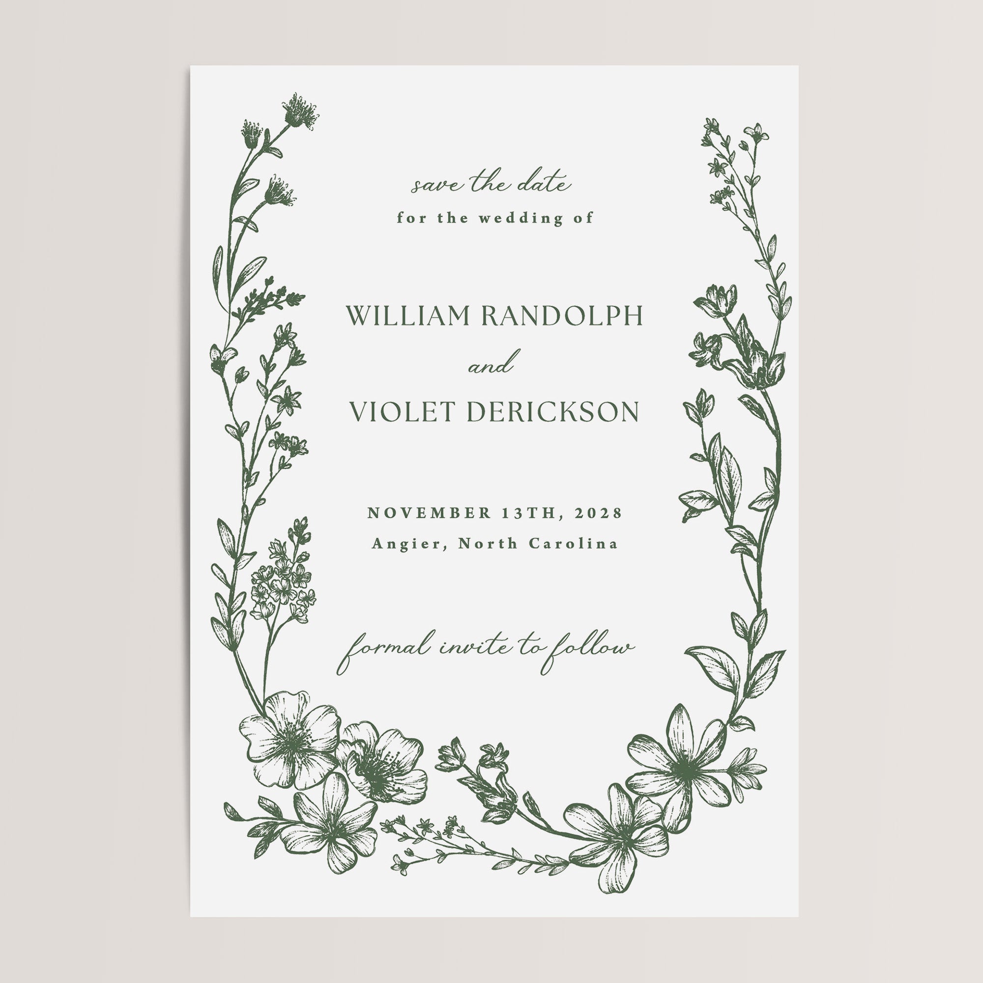 Featuring a dark green floral design, these cards are the perfect way to announce your wedding. Ideal for couples looking to set the tone for a cozy and earthy event.
