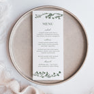 Add a touch of elegance to your celebration with our wedding dinner menu cards printed with dark green florals. Perfect for a modern wedding reception, these professionally printed menu cards are crafted on thick, smooth white cardstock for a high-quality feel your guests will notice.
