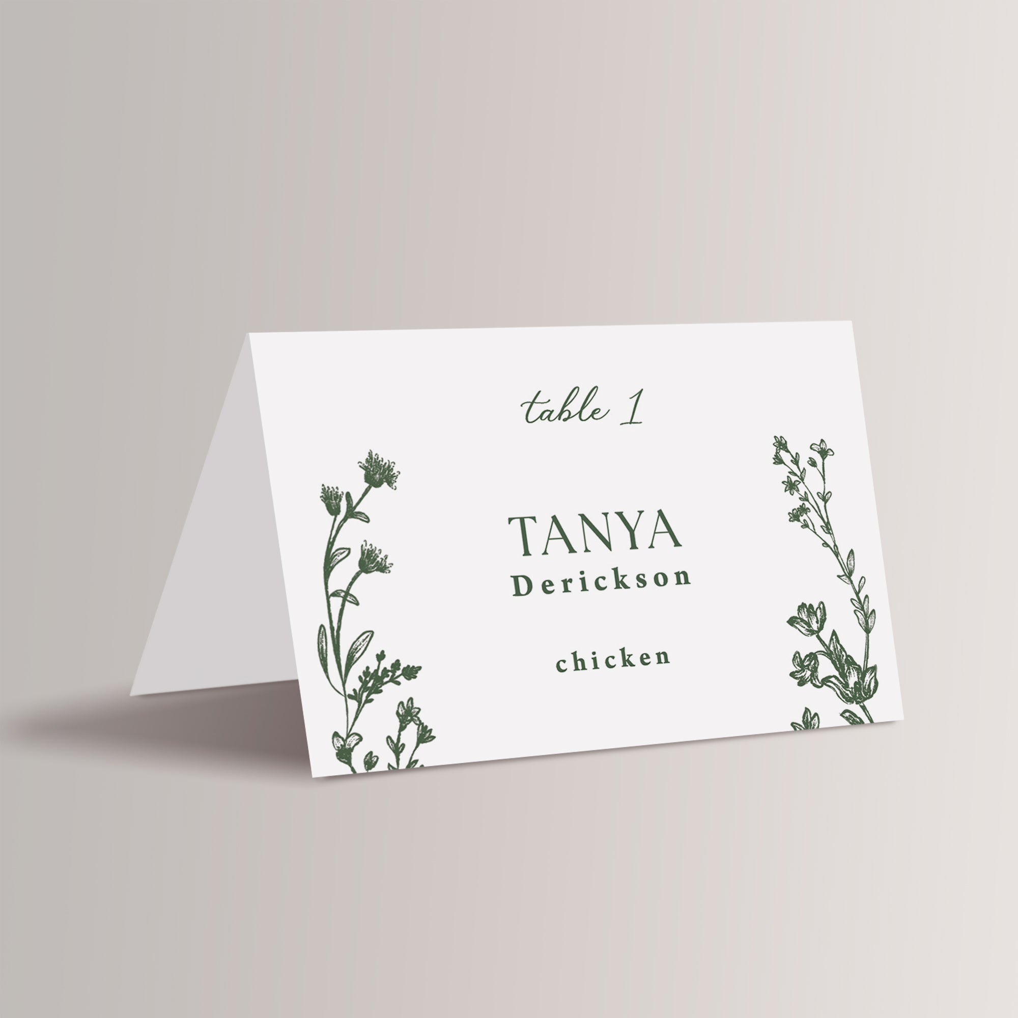 Bring a touch of natural beauty to your wedding with our personalized dark green floral place cards with meal choice. Not only do they guide your guests to their seats, but they also add a romantic, floral touch to your wedding reception décor.