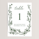 Gorgeous wedding table numbers with dark green florals that are printed for you on thick card stock! The design is perfect for the fall or winter wedding and your guests will love them. These work well for an elegant wedding.