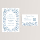Elegant and budget-friendly, our dusty blue french toile floral wedding invitation suite is printed on smooth, thick cardstock. Each RSVP/details card includes a scannable QR code for easy access to your wedding website, ensuring your guests have all the important details at their fingertips and can RSVP there too.