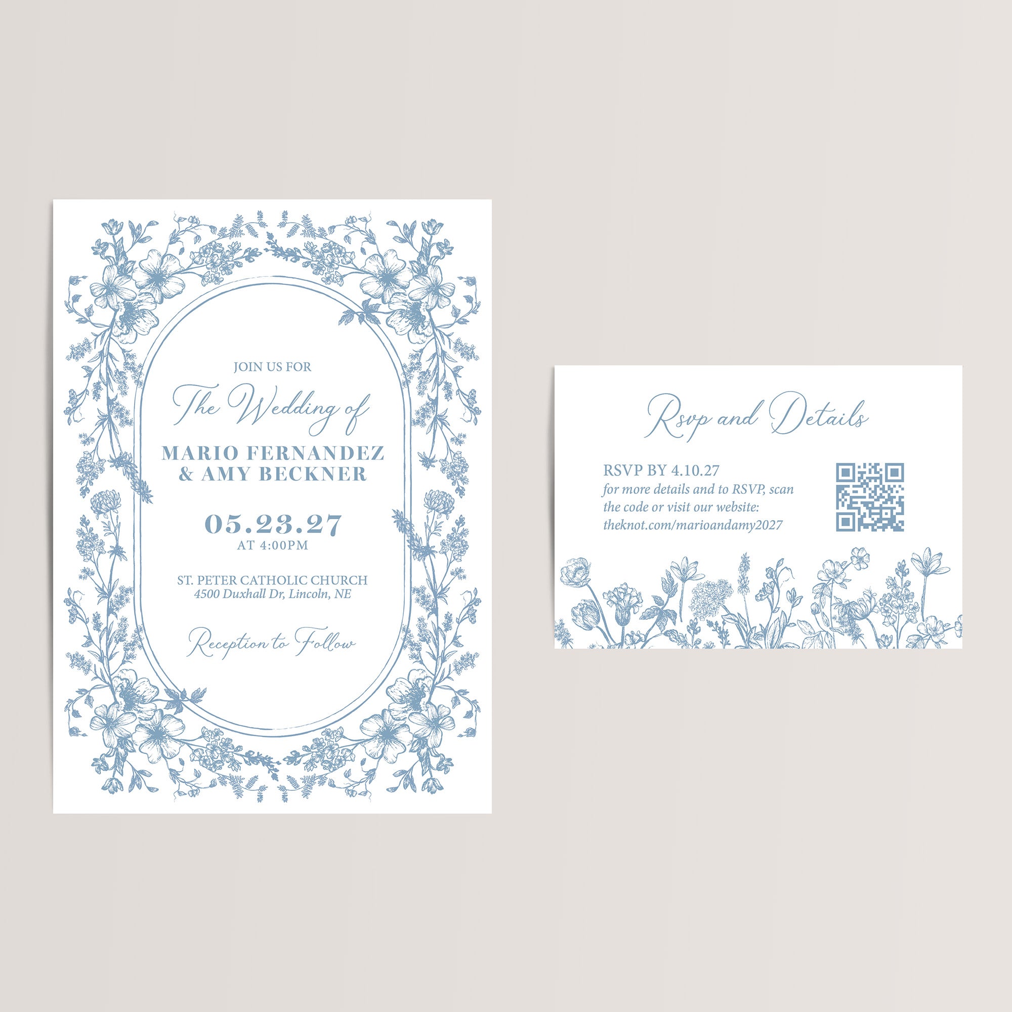 Elegant and budget-friendly, our dusty blue french toile floral wedding invitation suite is printed on smooth, thick cardstock. Each RSVP/details card includes a scannable QR code for easy access to your wedding website, ensuring your guests have all the important details at their fingertips and can RSVP there too.