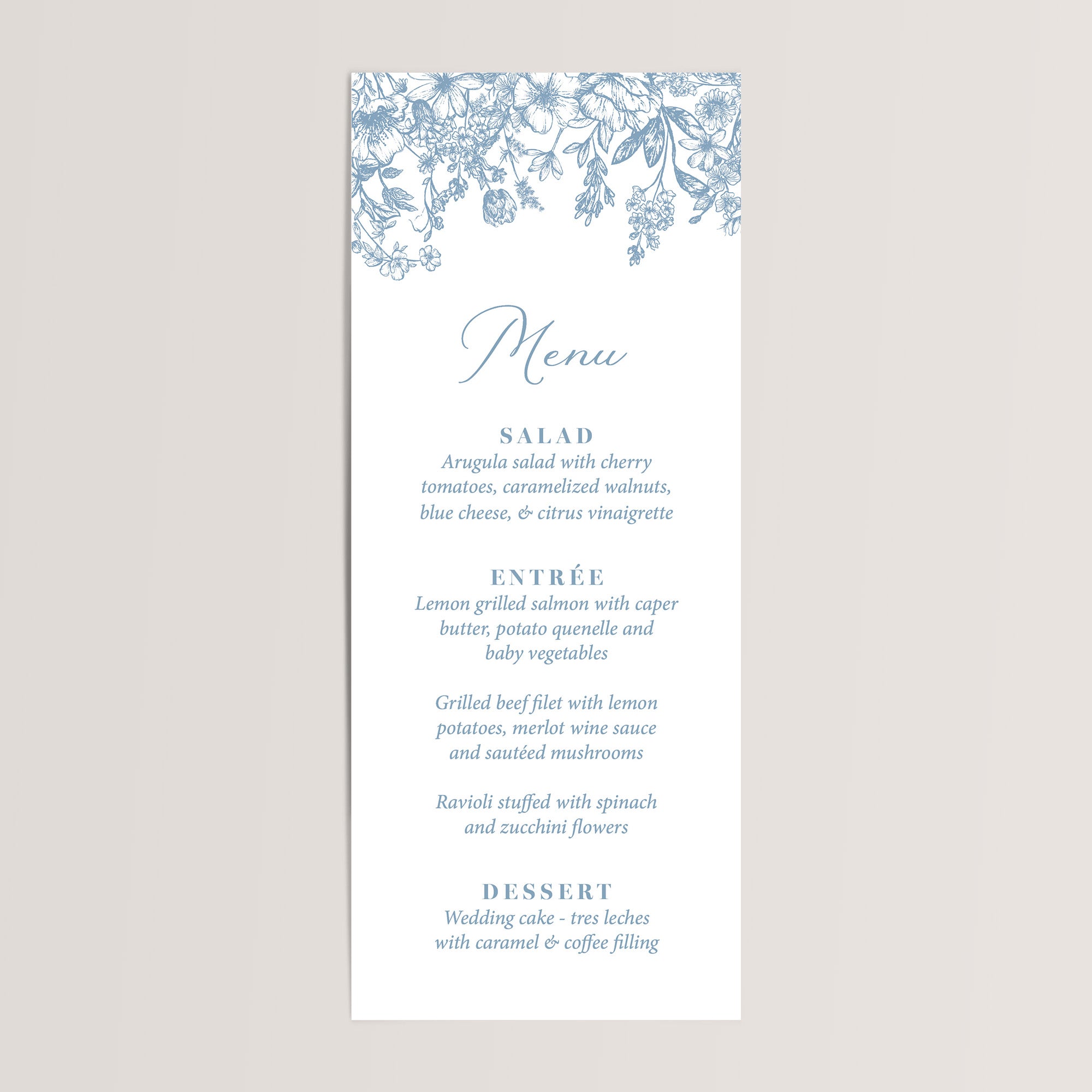 Add a touch of elegance to your celebration with our wedding dinner menu cards printed with dusty blue florals. Perfect for a modern wedding reception, these professionally printed menu cards are crafted on thick, smooth white cardstock for a high-quality feel your guests will notice.