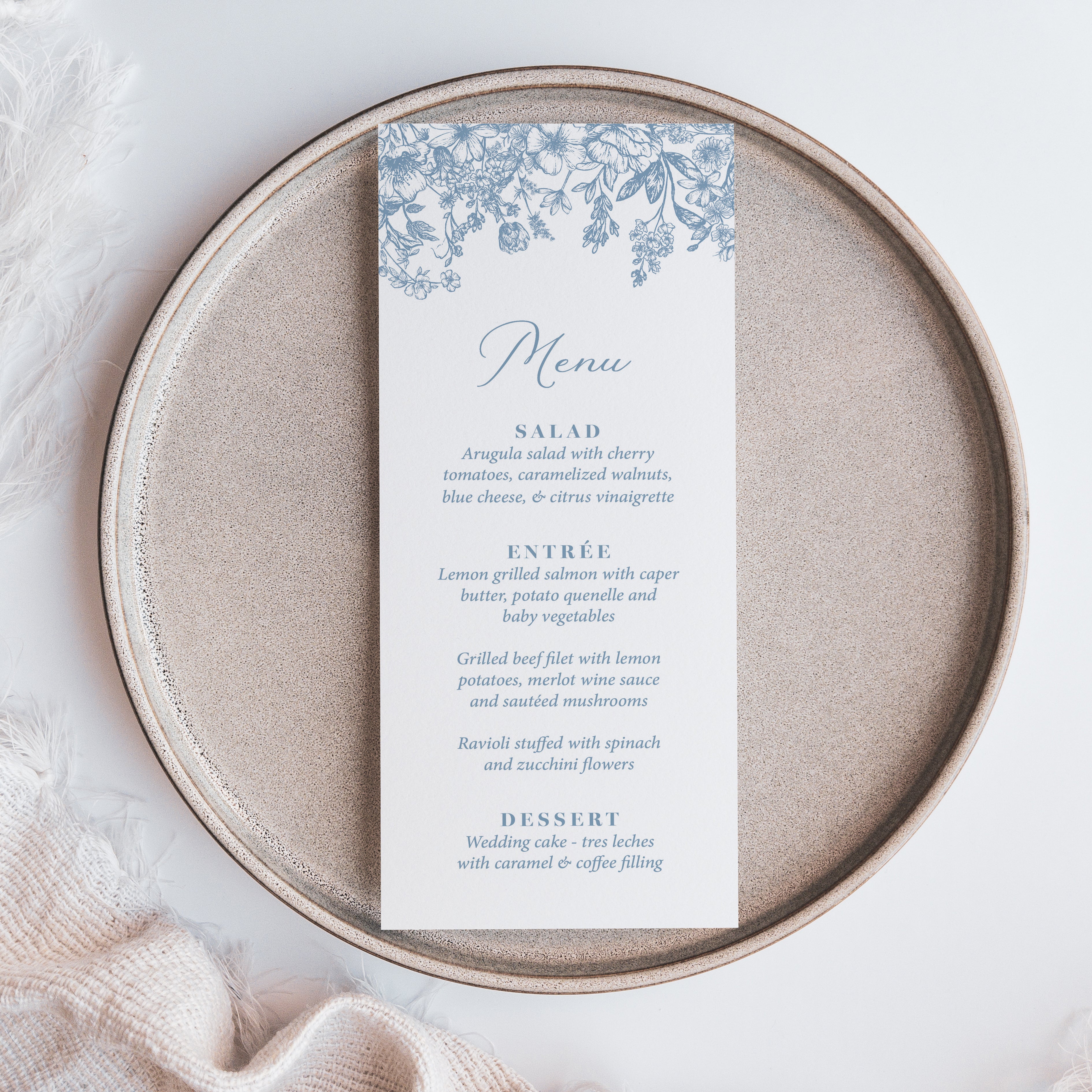 Add a touch of elegance to your celebration with our wedding dinner menu cards printed with dusty blue florals. Perfect for a modern wedding reception, these professionally printed menu cards are crafted on thick, smooth white cardstock for a high-quality feel your guests will notice.