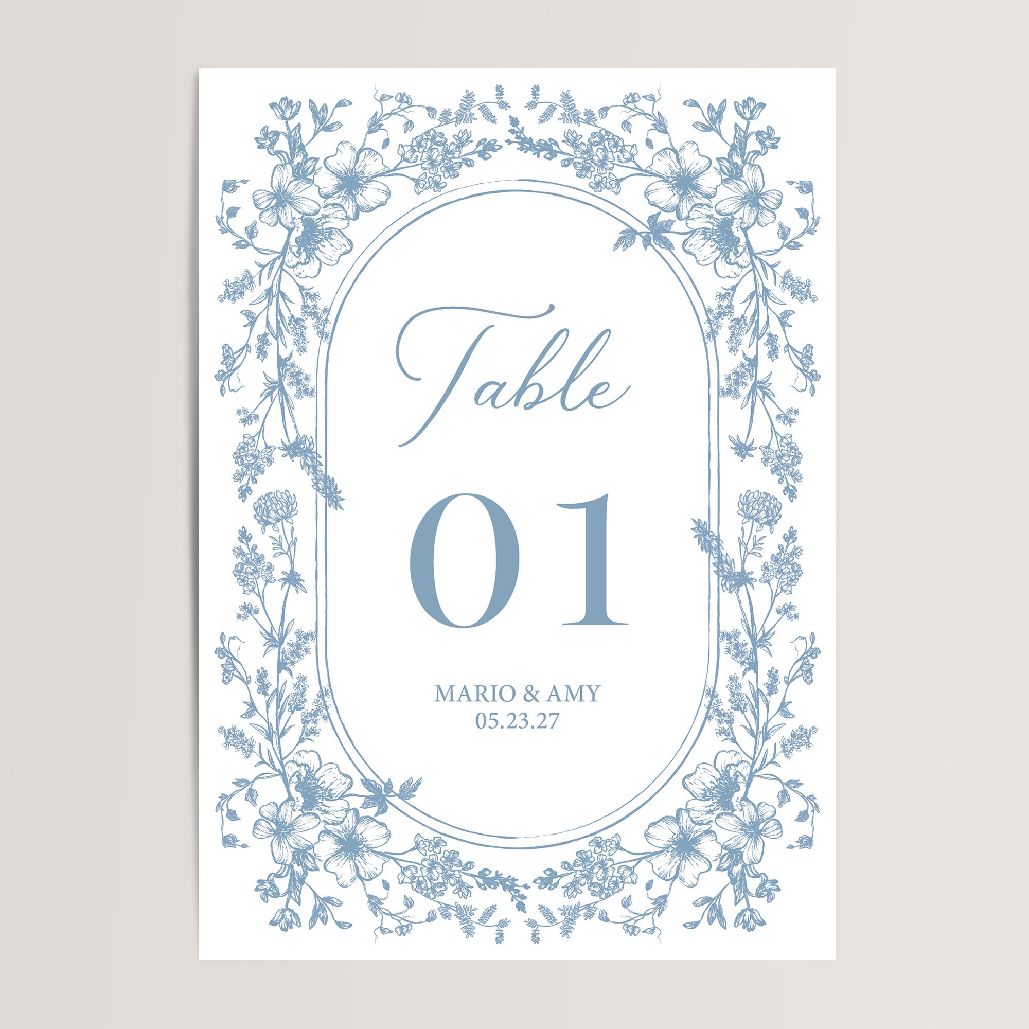 Gorgeous wedding table numbers with dusty blue French toile florals that are printed for you on thick card stock! The design is perfect for any season of wedding and your guests will love them. These work well for an elegant wedding.