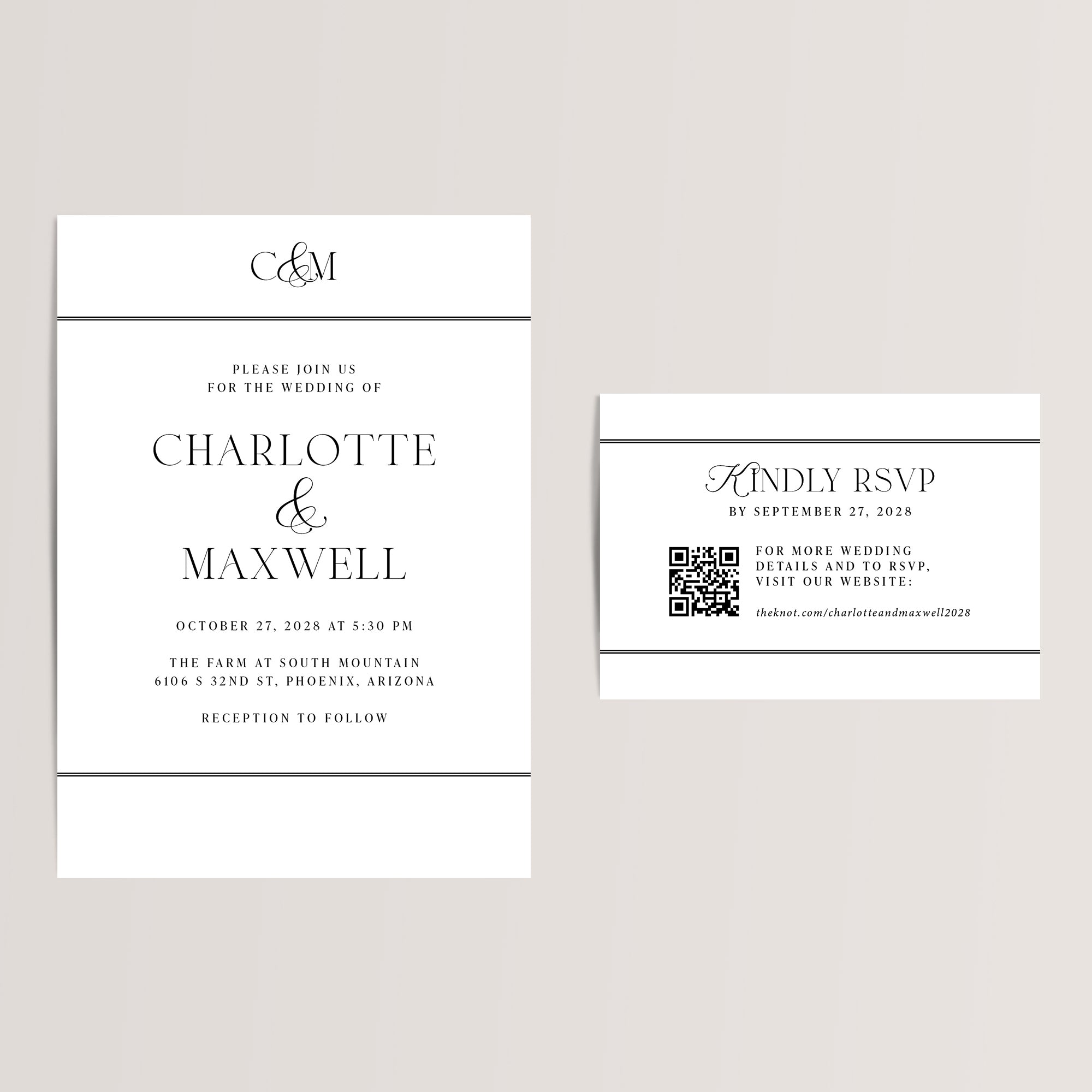 Modern Black and White Wedding Monogram Invitation Suite with QR Code RSVP Card

Sleek and timeless, our black and white wedding invitation suite features a minimalist monogram design that exudes modern elegance. Printed on premium, high-quality cardstock, each RSVP/details card includes a scannable QR code, offering your guests an effortless way to access your wedding website and RSVP with ease.