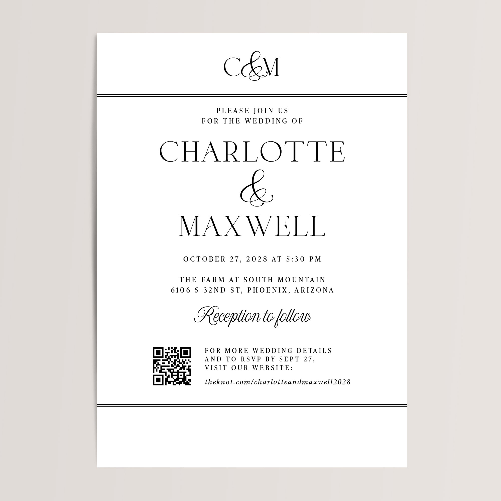 Monogram Wedding Invitations with QR Code

Sleek and sophisticated, these minimalist black and white wedding invitations feature an elegant, modern and simple&nbsp;monogram design. With a convenient QR code for easy guest RSVPs, these stylish invitations offer a perfect balance of simplicity and modernity, providing all the essential details for your big day.